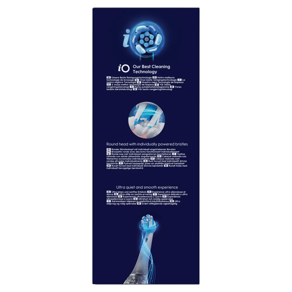 Oral-B iO, mettant en avant la technologie de nettoyage, la tête ronde et l’expérience ultra silencieuse et douce