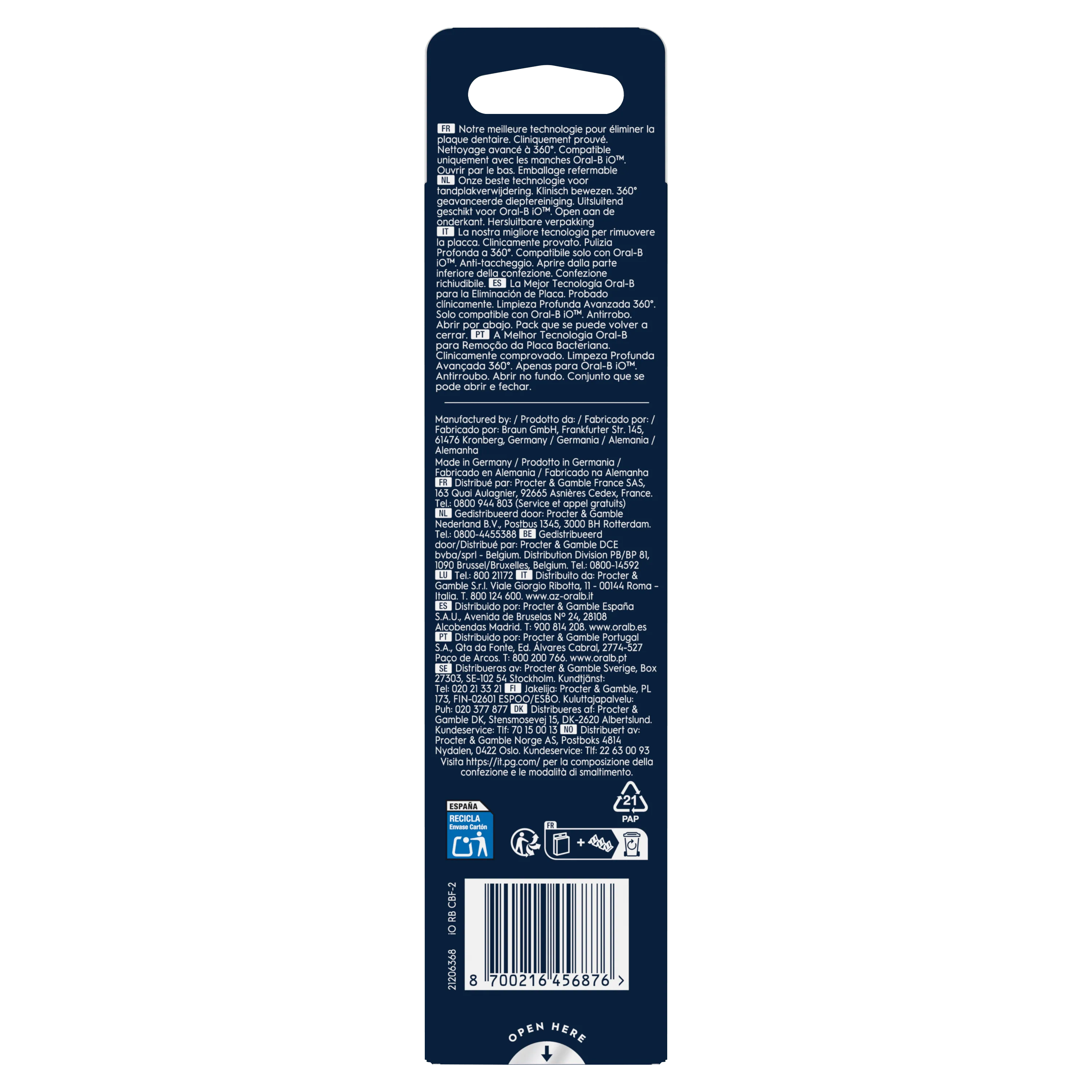 Oral-B iO, emballage avec technologie pour éliminer la plaque dentaire et nettoyage avancé 360°, compatible avec les manches iO.