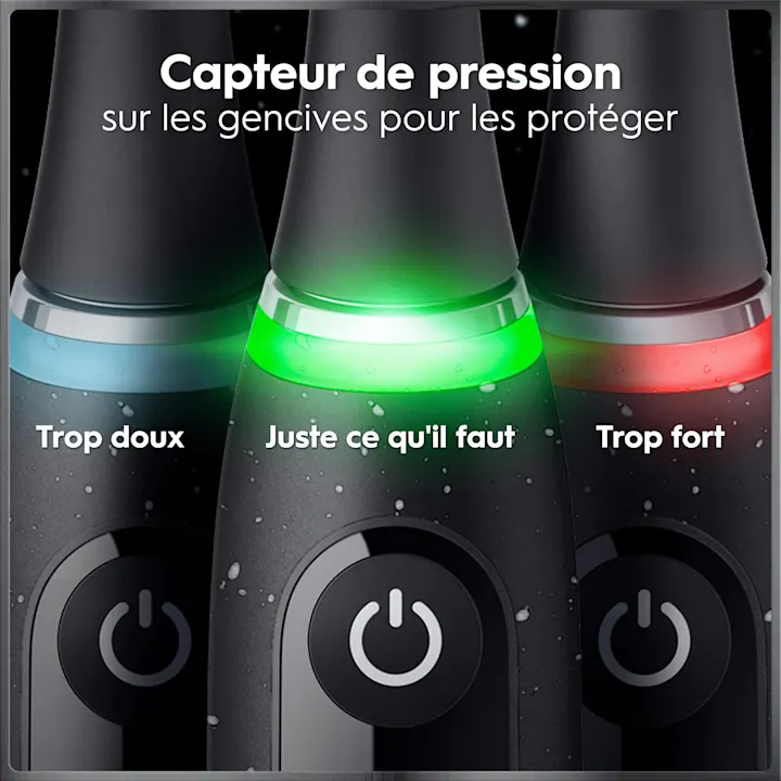 Brosses à dents: capteur lumineux bleu (trop doux), vert (optimal), rouge (trop fort) pour protéger les gencives.