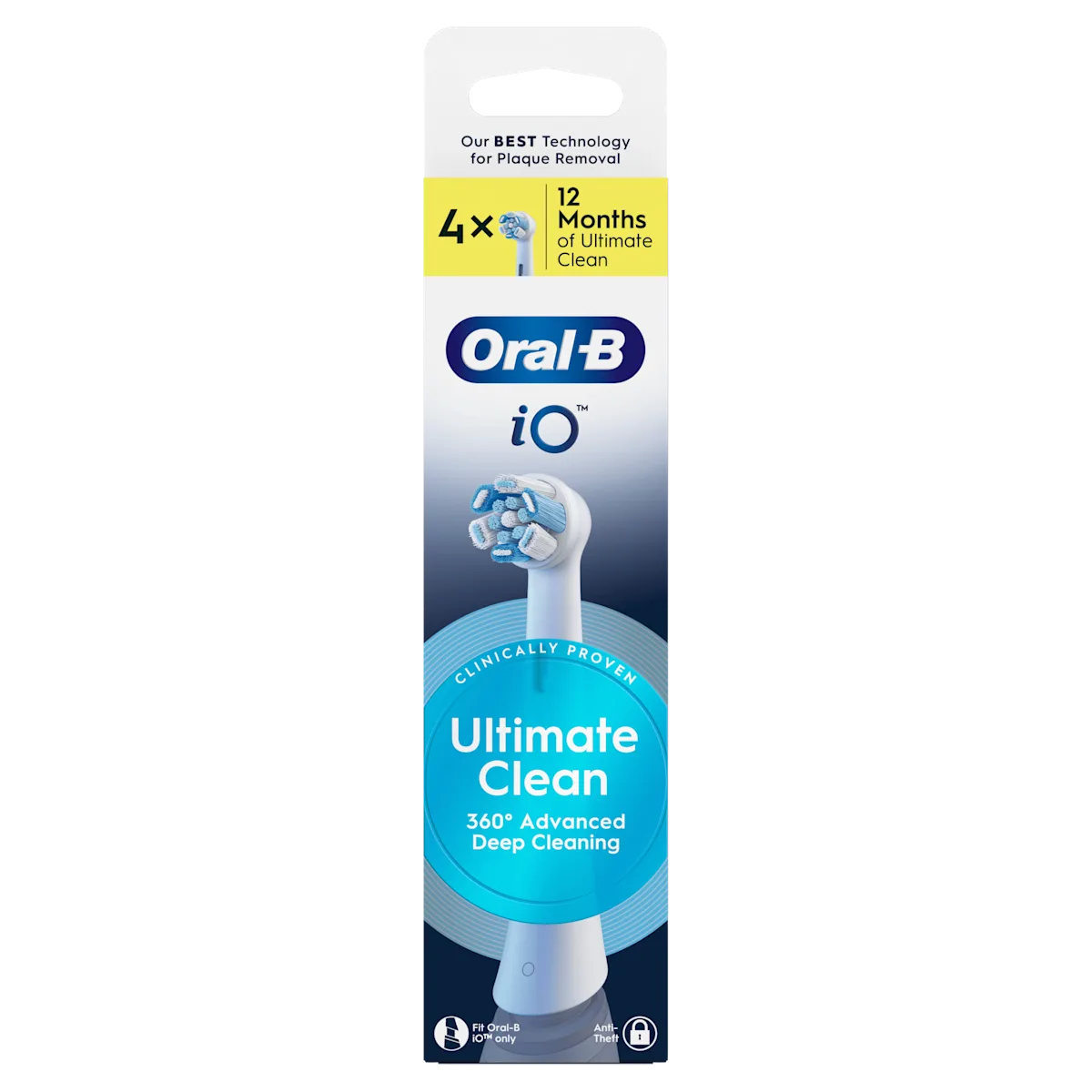 Oral-B iO, emballage de la tête de brosse Ultimate Clean, avec la mention 12 mois de nettoyage ultime.