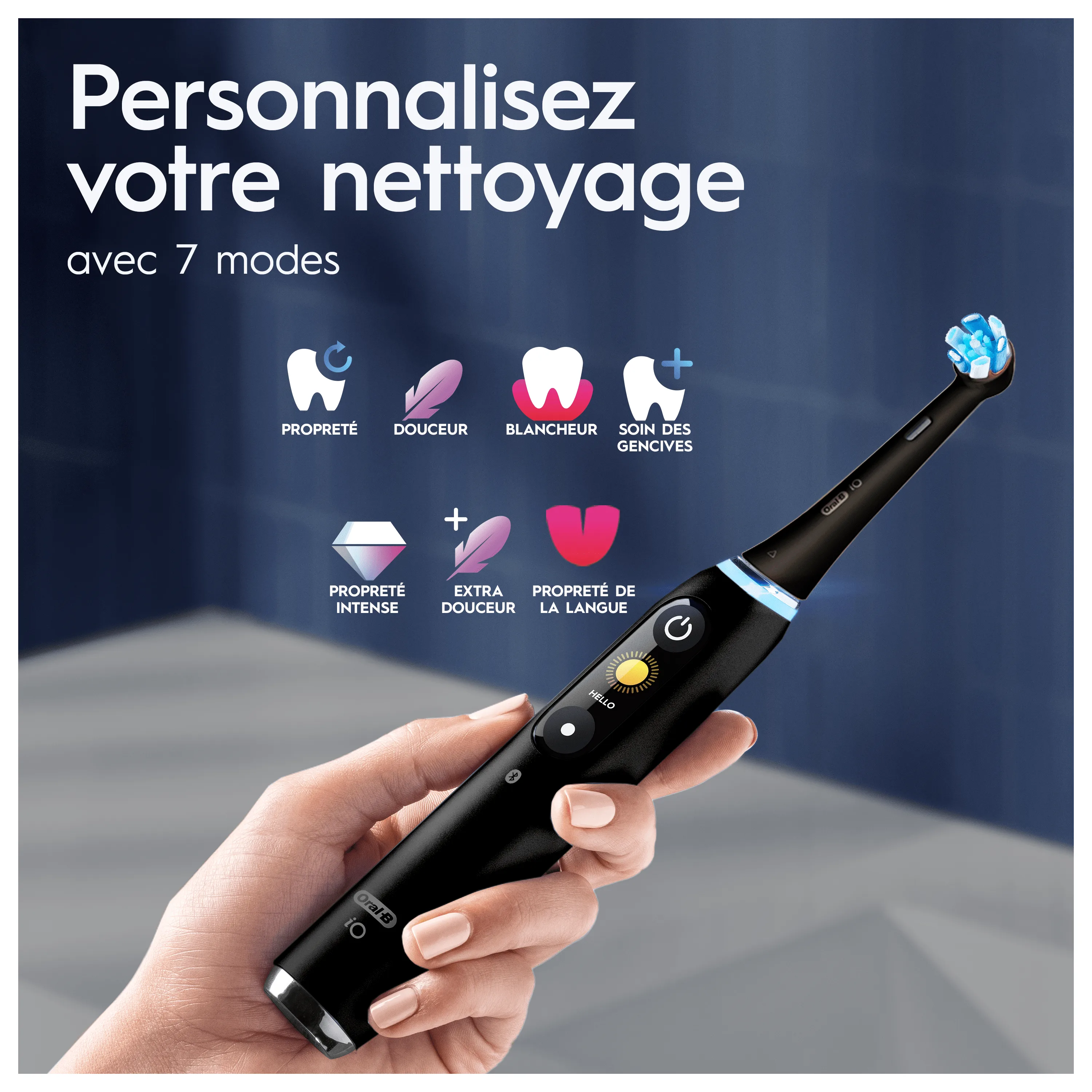 Oral-B iO, personnalisez votre nettoyage avec les 7 modes affichés : propreté, douceur, blancheur, soin des gencives, etc.