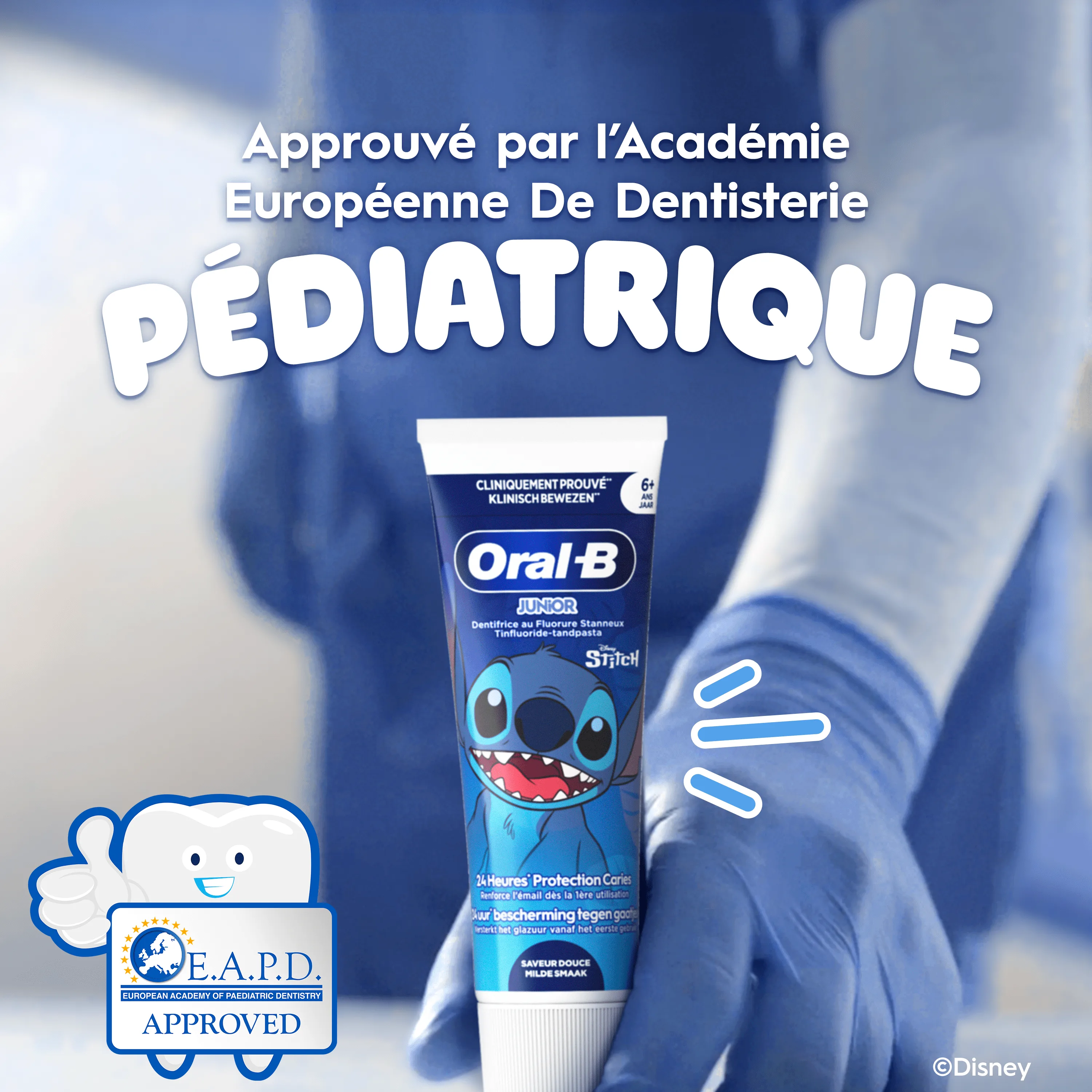 Dentifrice Oral-B. Infirmière, tube "Approuvé Par l’Académie Européenne De Dentisterie Pédiatrique."