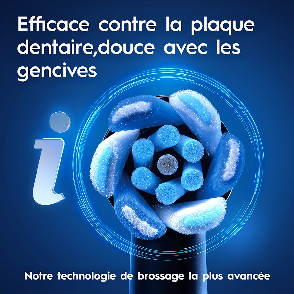 Gros plan sur une brossette de brosse à dents Oral-B iO. Dure contre la plaque dentaire, douce pour les gencives. Notre technologie de nbrossage la plus avancée.