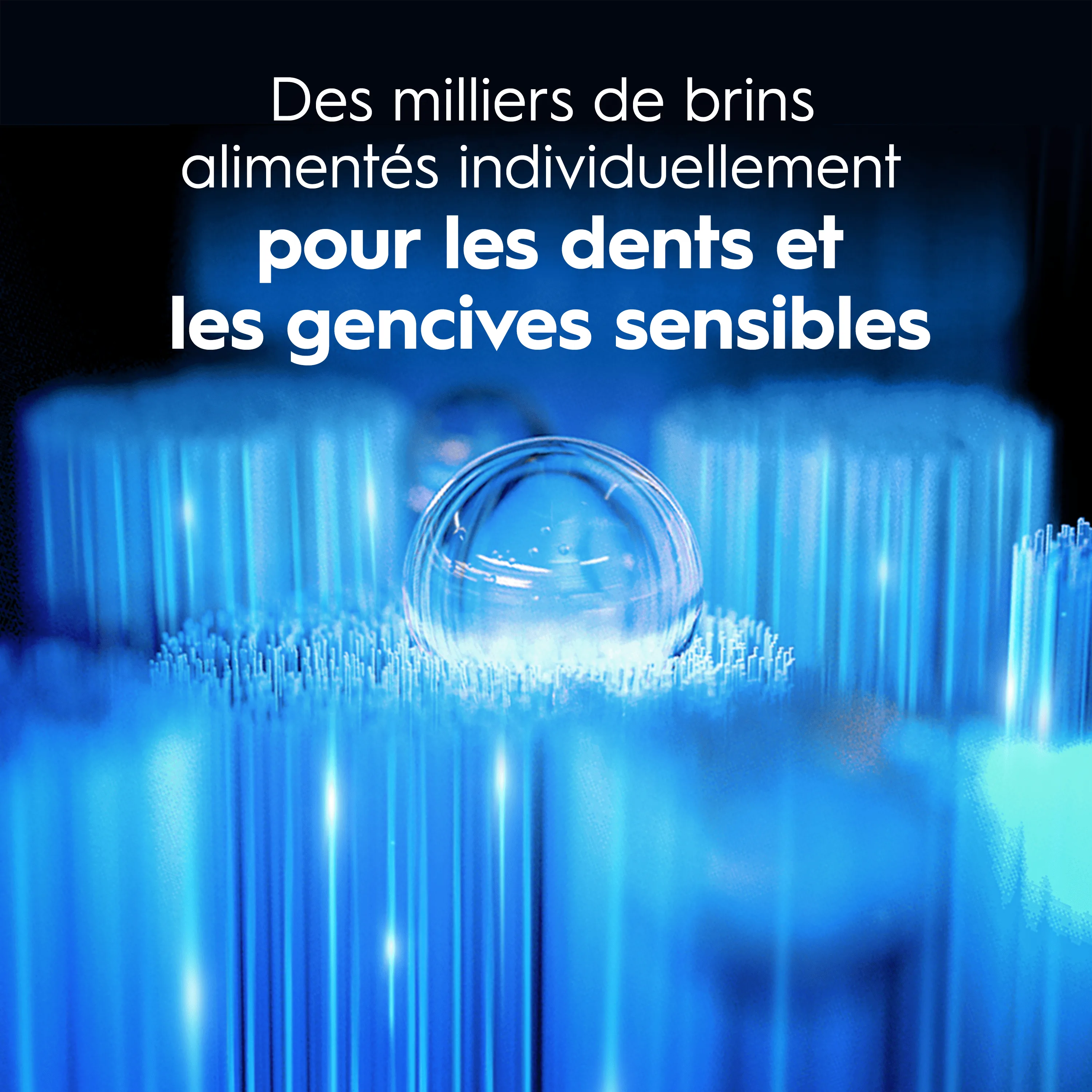 Gros plan bleu sur technologie de brosse à dents avec gouttelette d'eau et texte sur les brins pour dents sensibles.