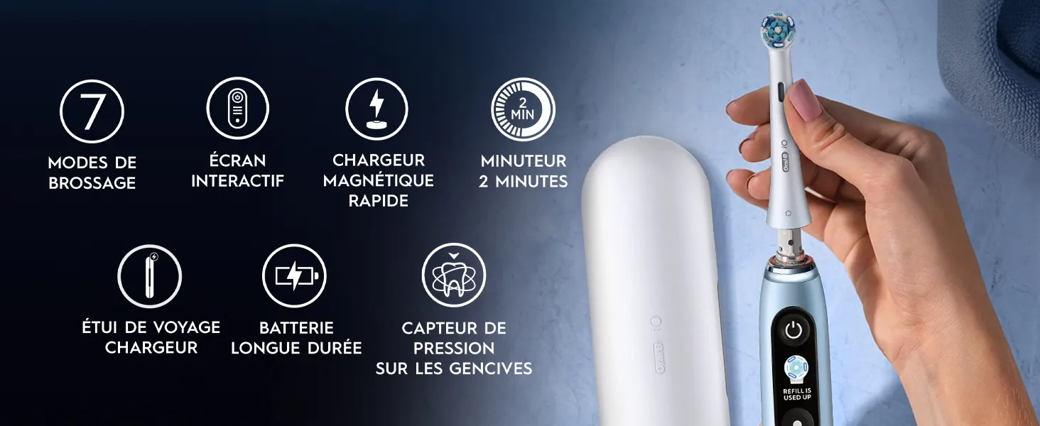 Brosse à dents Oral‑B iO 9 avec fonctions et accessoires illustrés. 
