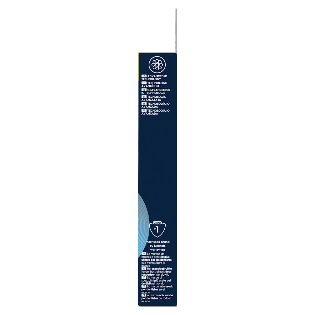 Oral-B, emballage mettant en avant la Technologie IO Avancée et étant la marque la plus utilisée par les dentistes dans le monde.