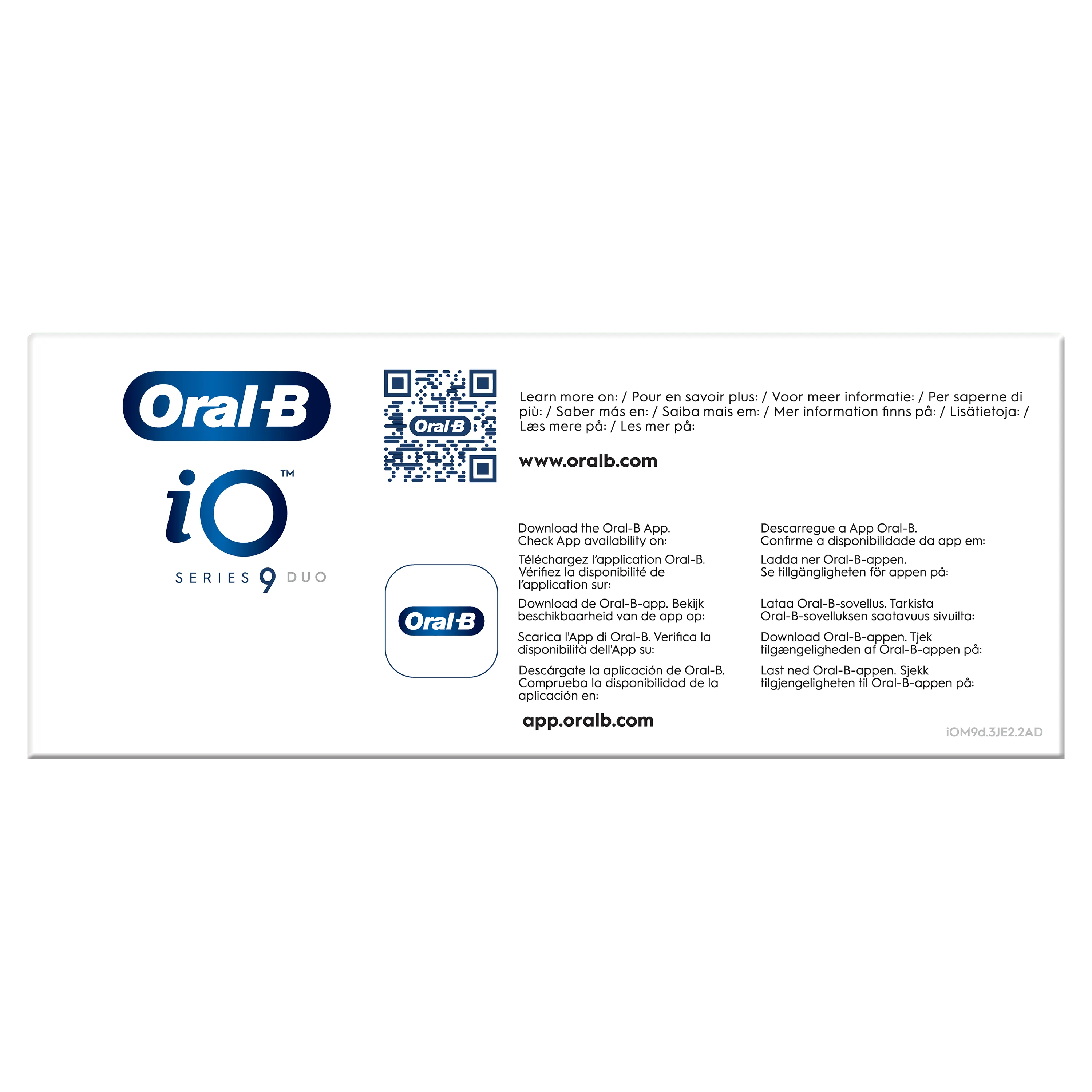 Oral-B iO Series 9 Duo, avec un QR code et des instructions pour télécharger l'application Oral-B.