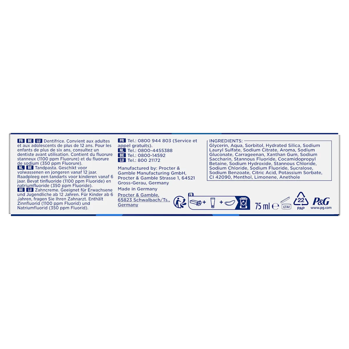 " Oral-B dentifrice, emballage indiquant la formule avec fluorure stanneux (1100 ppm Fluorure) et fluorure de sodium (350 ppm Fluorure).; "