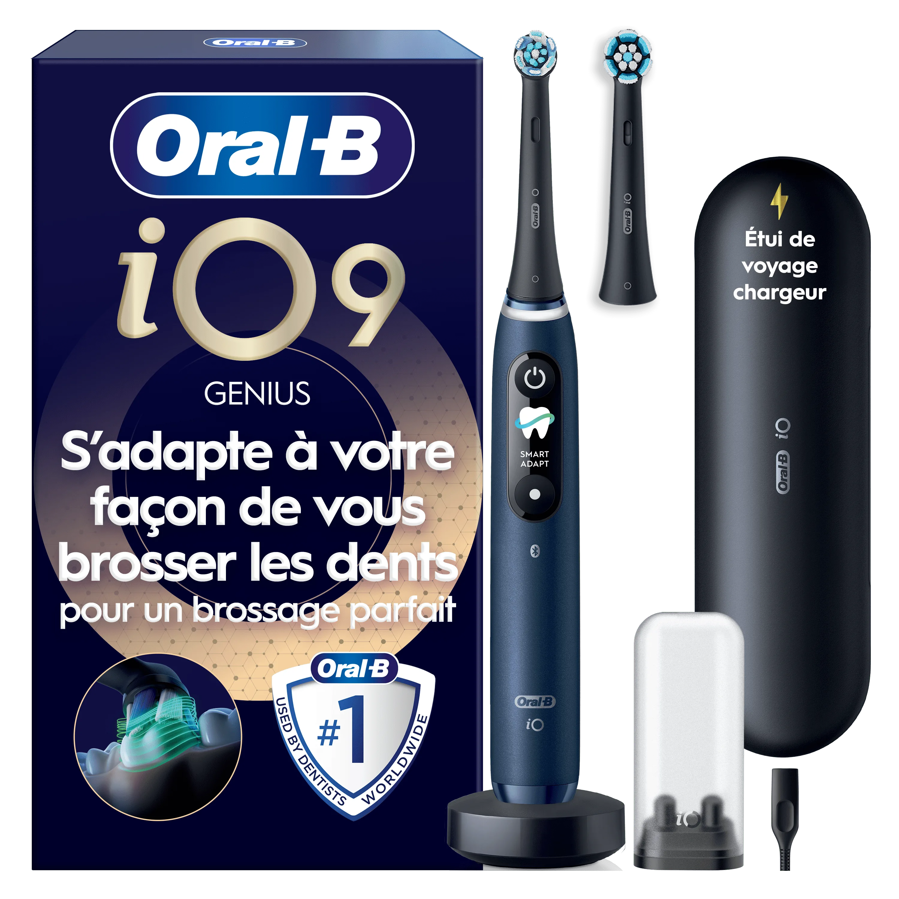 Brosse à dents Oral-B iO9 Genius avec deux têtes et étui de voyage, s’adaptant à votre brossage parfait.