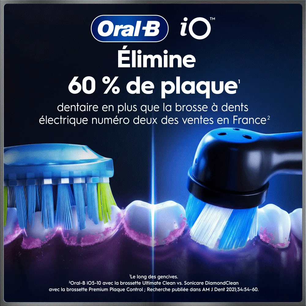 Comparaison des brossettes Oral-B Sonic et iO, montrant que iO améliore la santé des gencives 45% de plus.