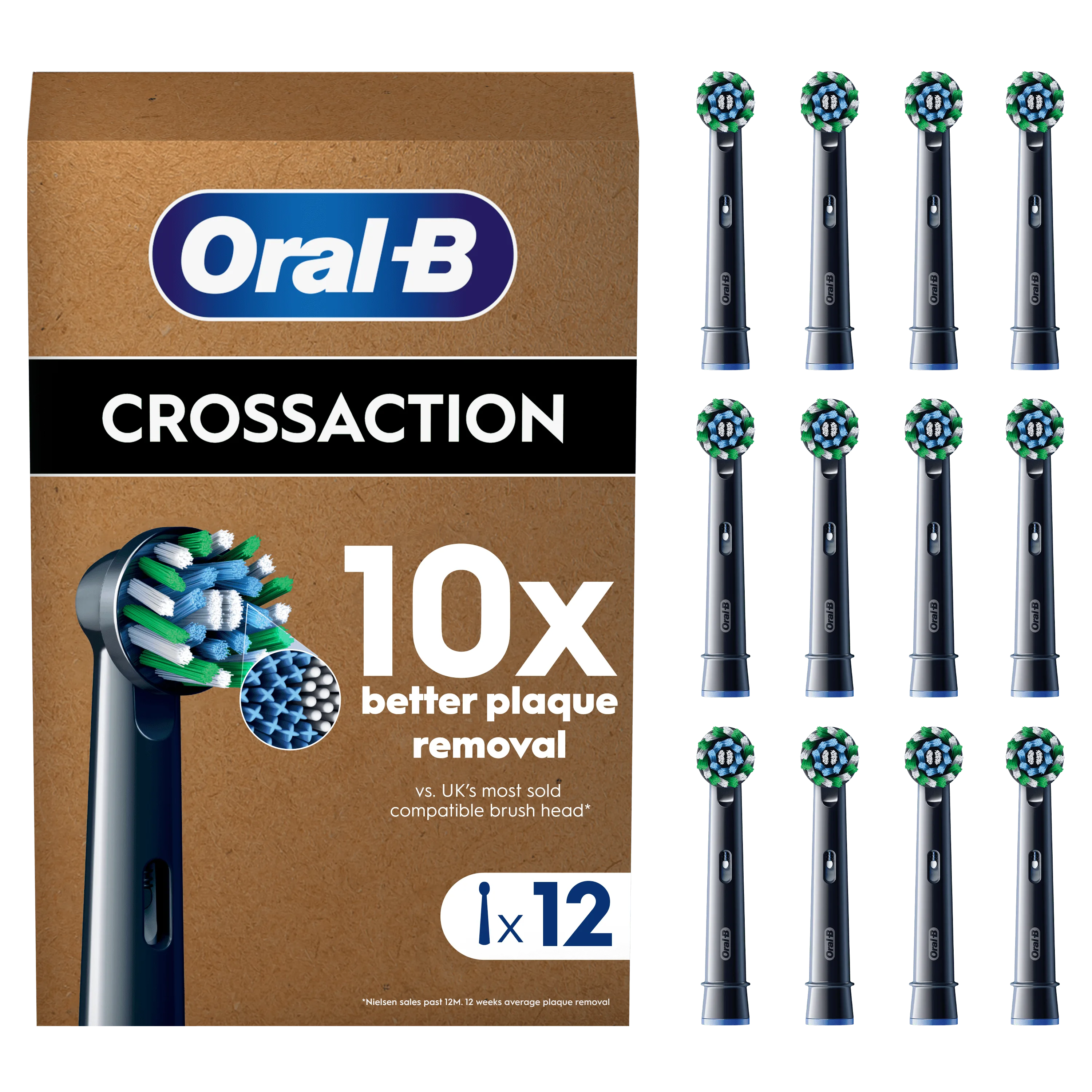 Oral-B CrossAction, pack de 12 têtes de brosse, promettant un nettoyage 10x plus efficace de la plaque dentaire.
