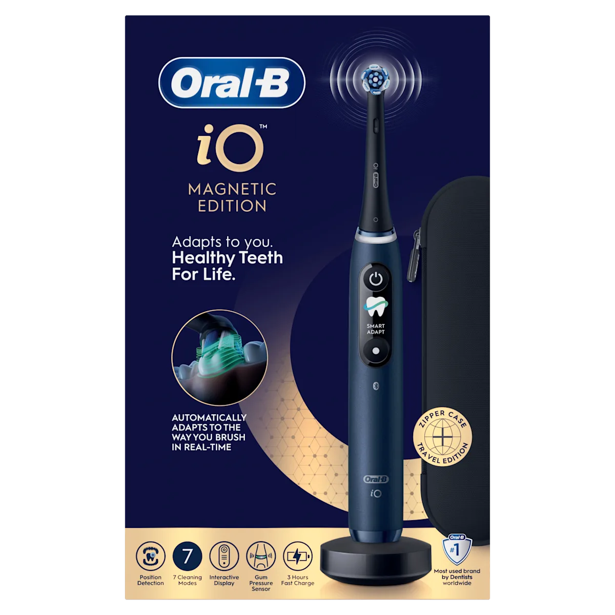 Oral-B iO Magnetic Edition avec étui de voyage, mettant en avant l'adaptation automatique à votre brossage en temps réel.