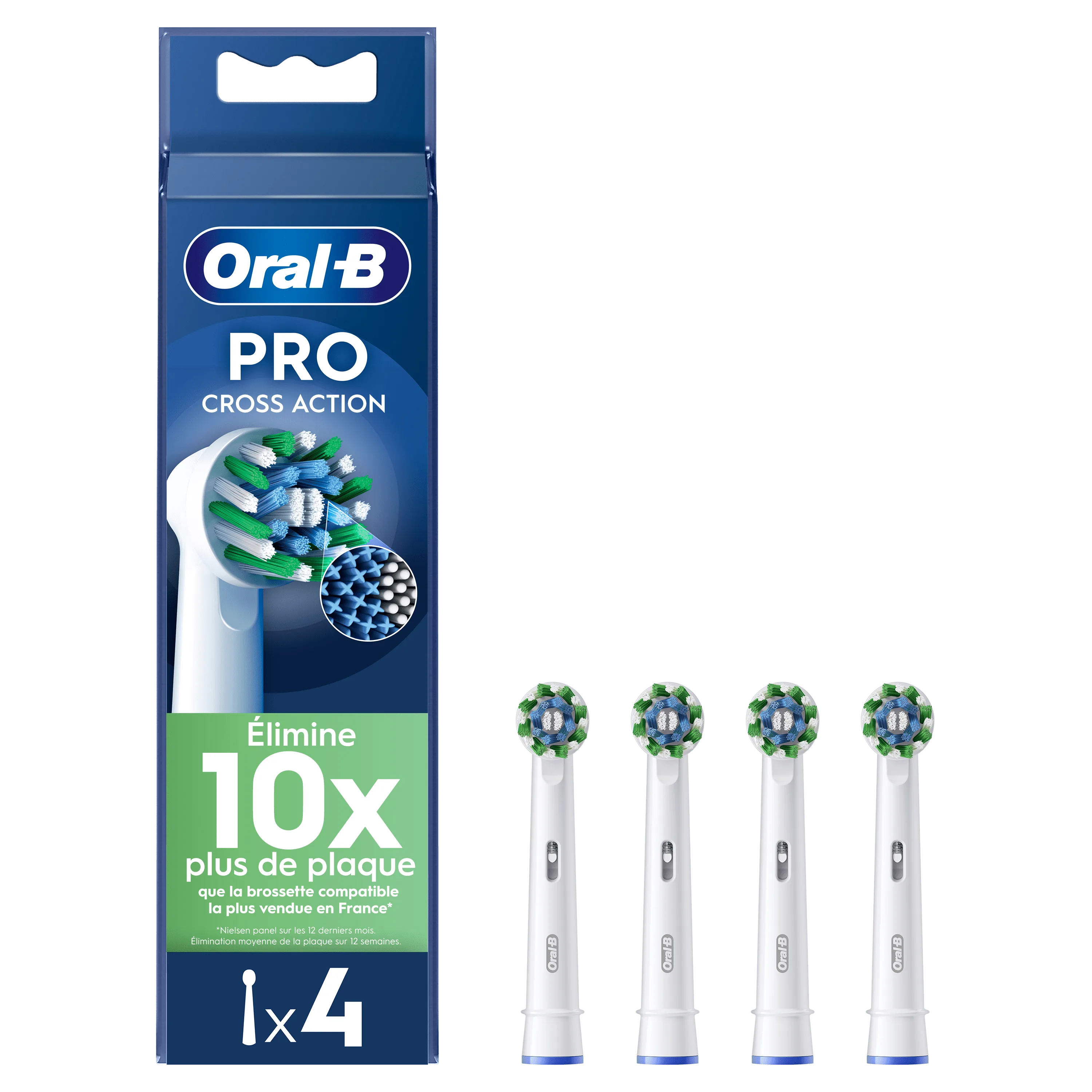 Oral-B Pro Cross Action, pack de 4 brossettes, affirmant éliminer 10x plus de plaque que la brossette la plus vendue en France.