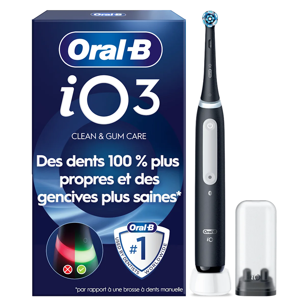Brosse à dents Oral-B iO3 avec capteur de pression 360° visible pour protéger les gencives.