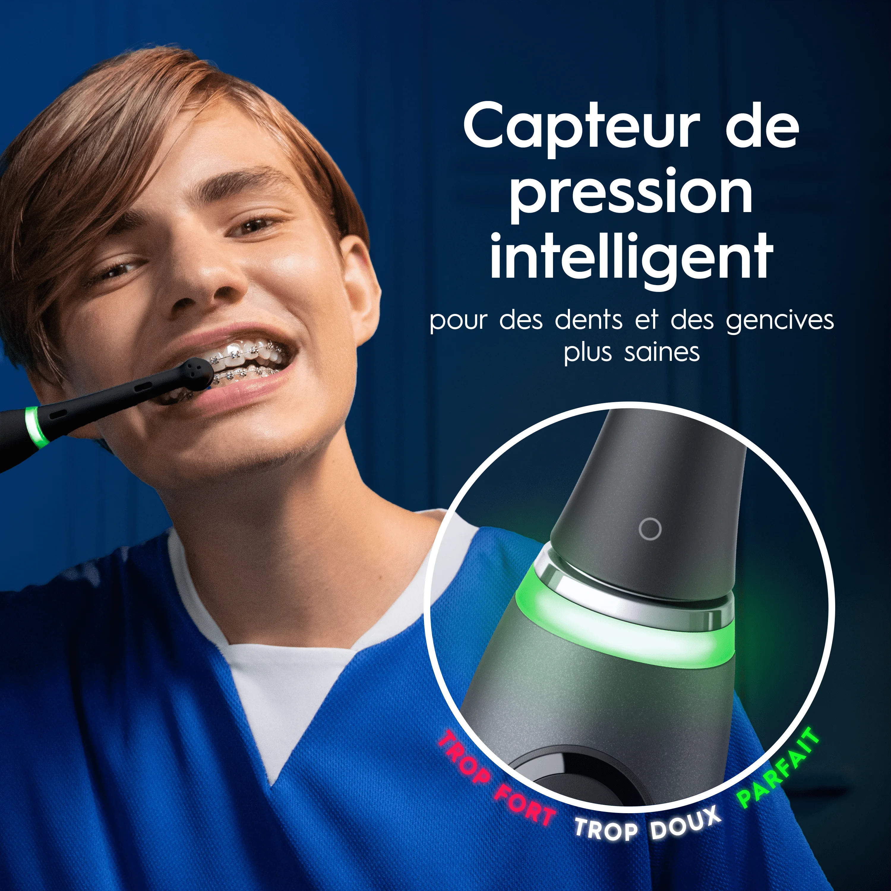 Brosse à dents électrique Oral-B iO dotée d'un capteur de pression intelligent pour des dents et des gencives plus saines.