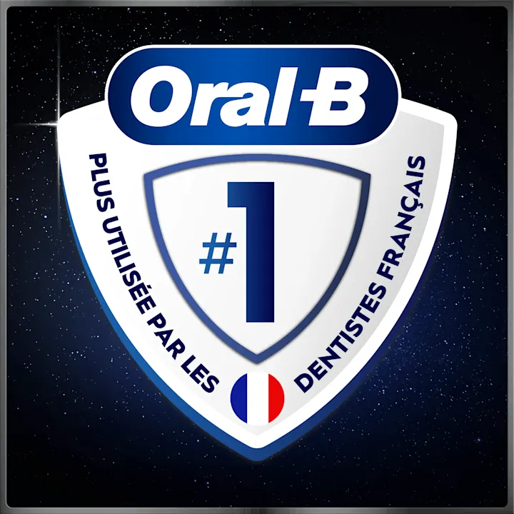 Logo Oral-B sur un bouclier avec #1, sur fond étoilé. Texte : "La marque la plus utilisée par les dentistes dans le monde"