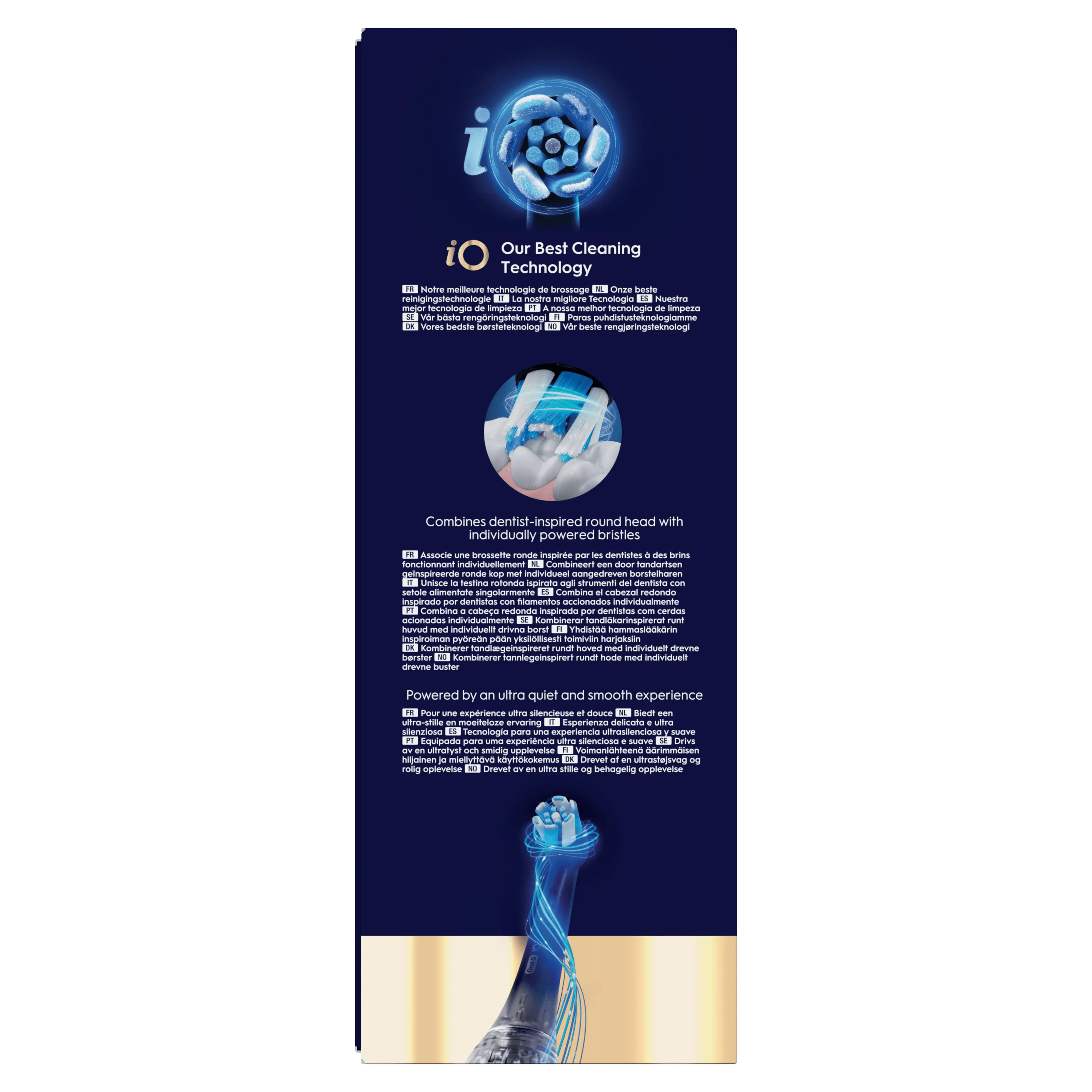 Brosse à dents Oral-B iO, présentant sa tête ronde inspirée par les dentistes avec des brins à action individuelle.