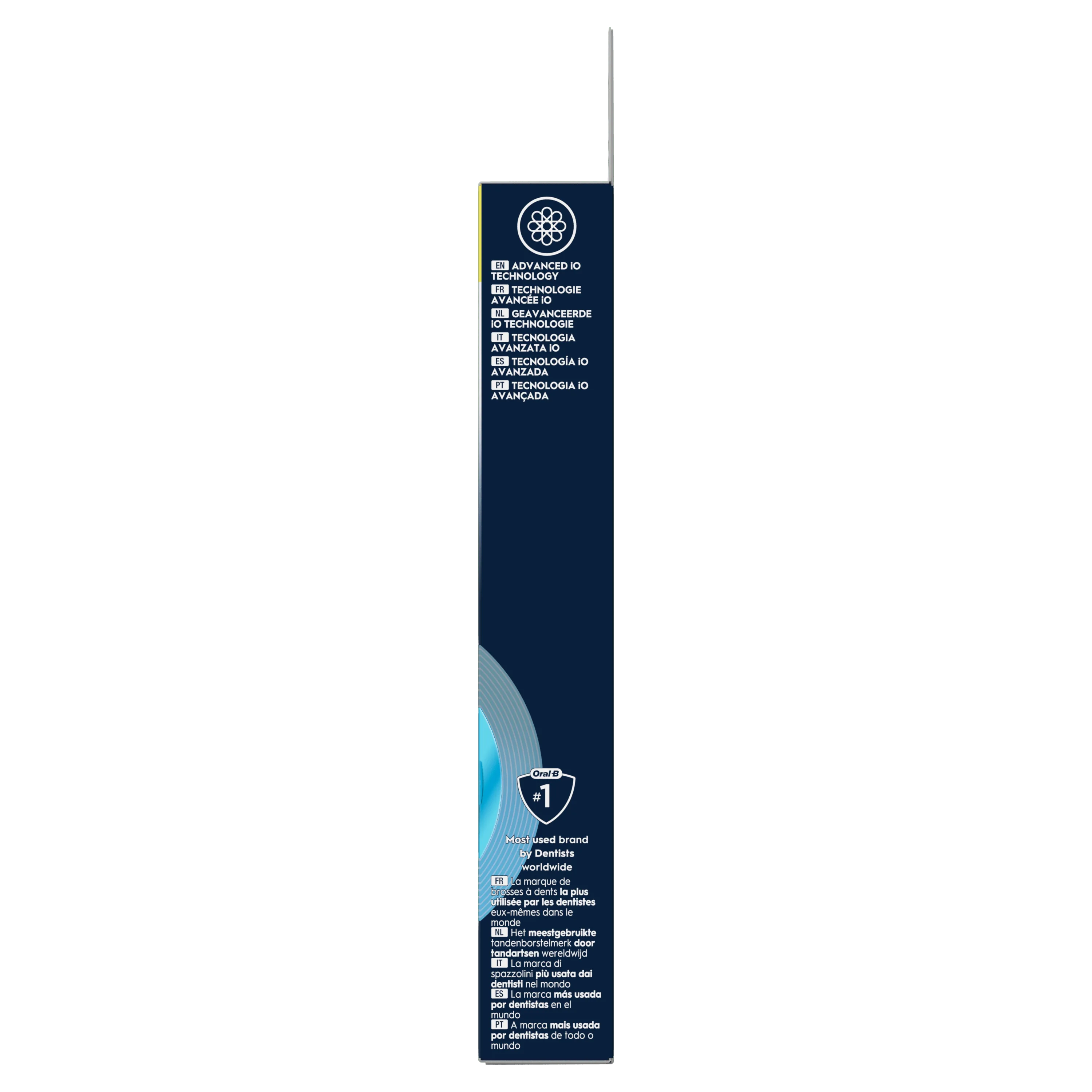 Oral-B, emballage mettant en avant la technologie IO avancée et le titre de marque la plus utilisée par les dentistes dans le monde.
