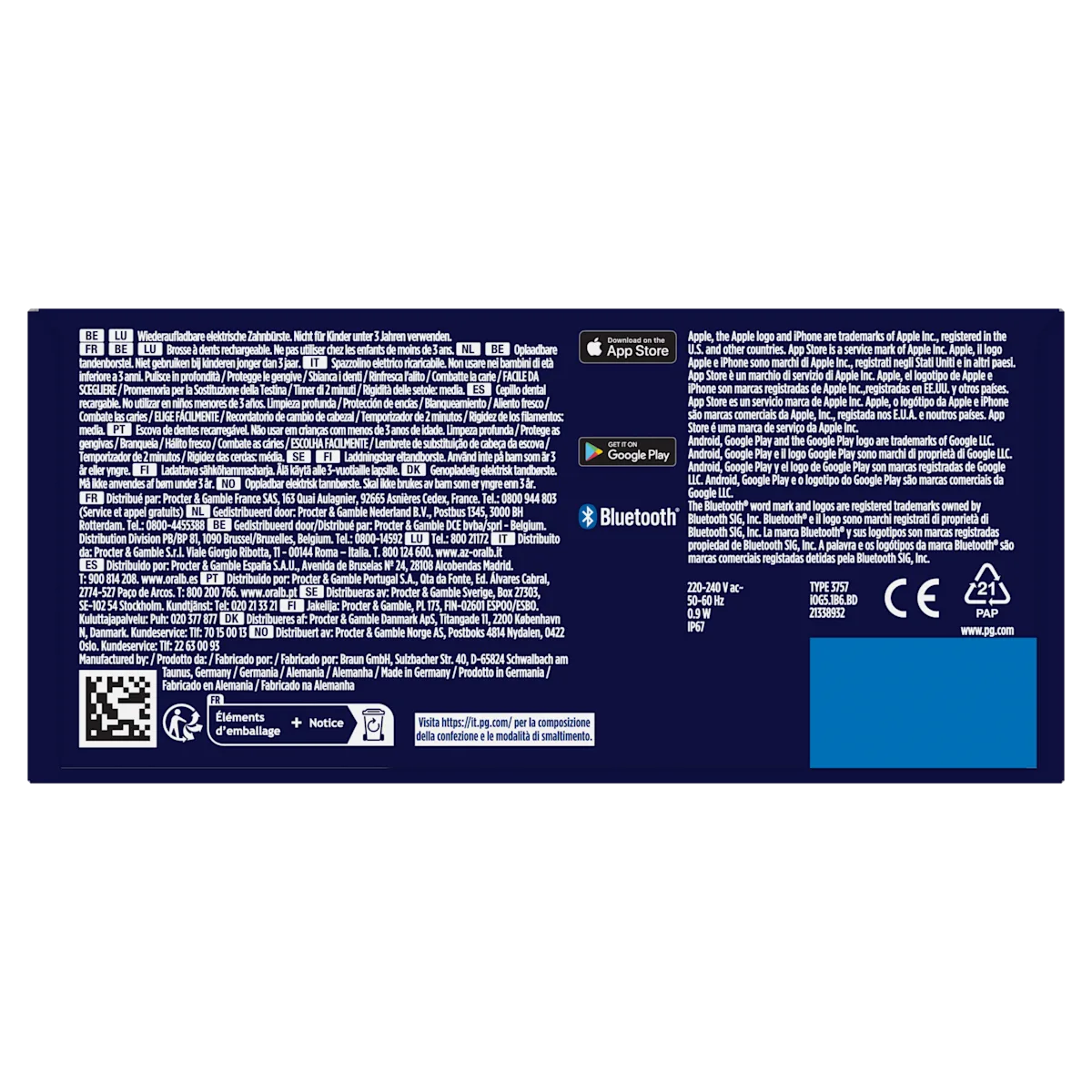 Oral-B brosse à dents rechargeable, emballage mettant en avant Brosse en profondeur, protège les gencives, et blanchit les dents.