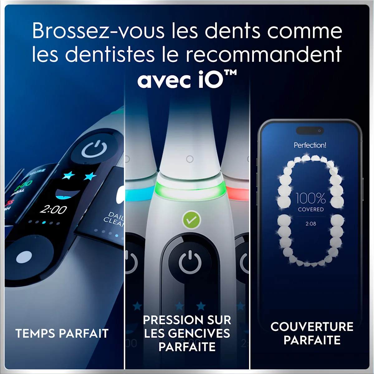 Brosse à dents électrique Oral-B iO éliminant davantage de plaque dentaire qu’une brosse électrique classique.