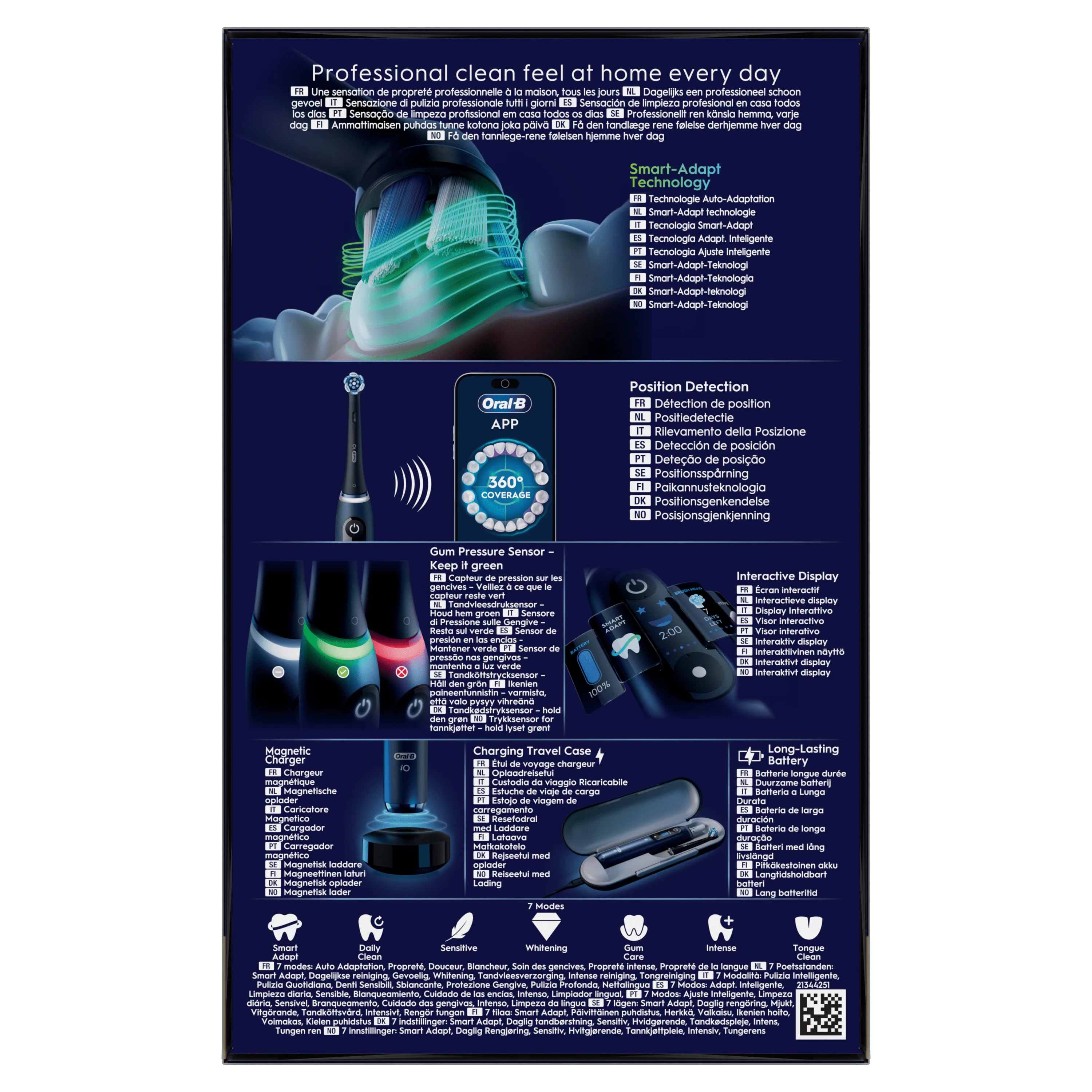 Brosse à dents Oral-B iO mettant en avant ses technologies pour une propreté professionnelle au quotidien.