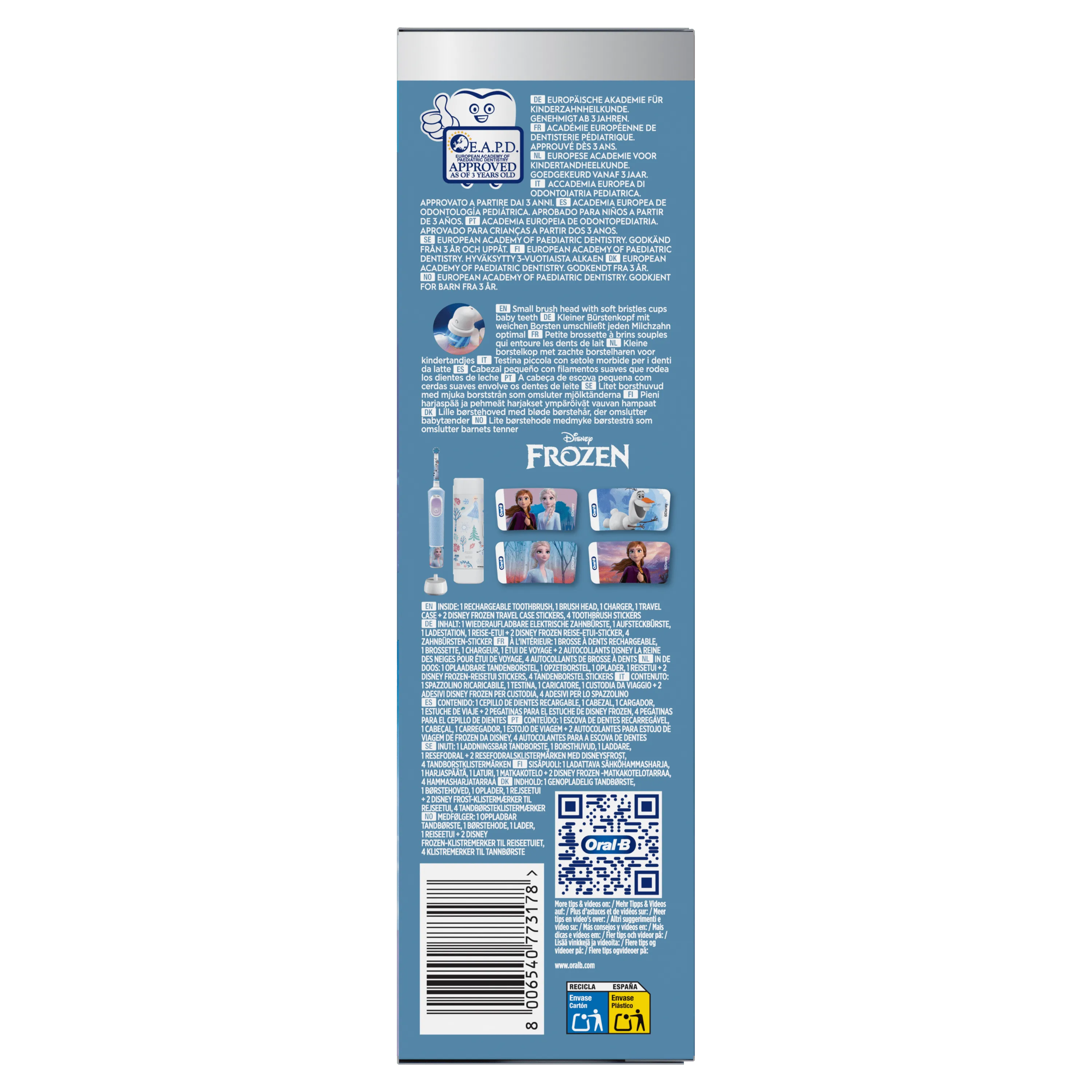 Brosse à dents Oral-B Disney Frozen, avec brossette souple pour enfants approuvée dès 3 ans.
