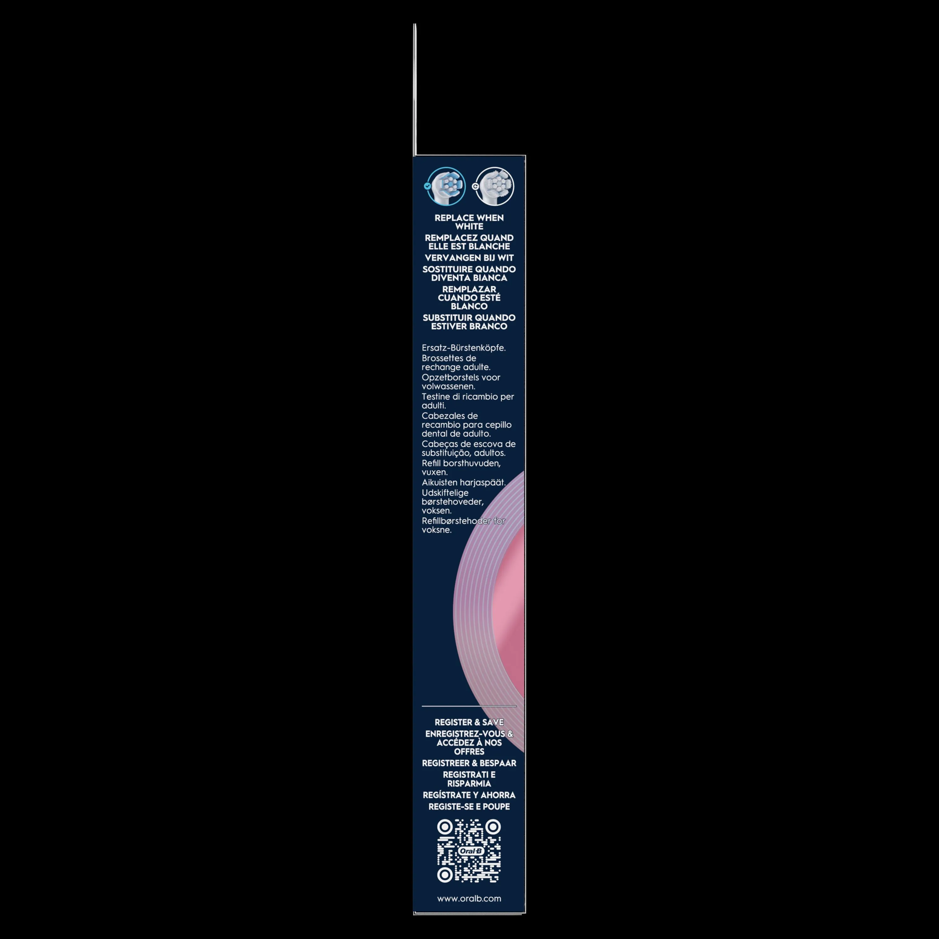 Oral-B brossettes de rechange, avec la mention "Remplacez quand elle est blanche" mise en évidence sur l'emballage.