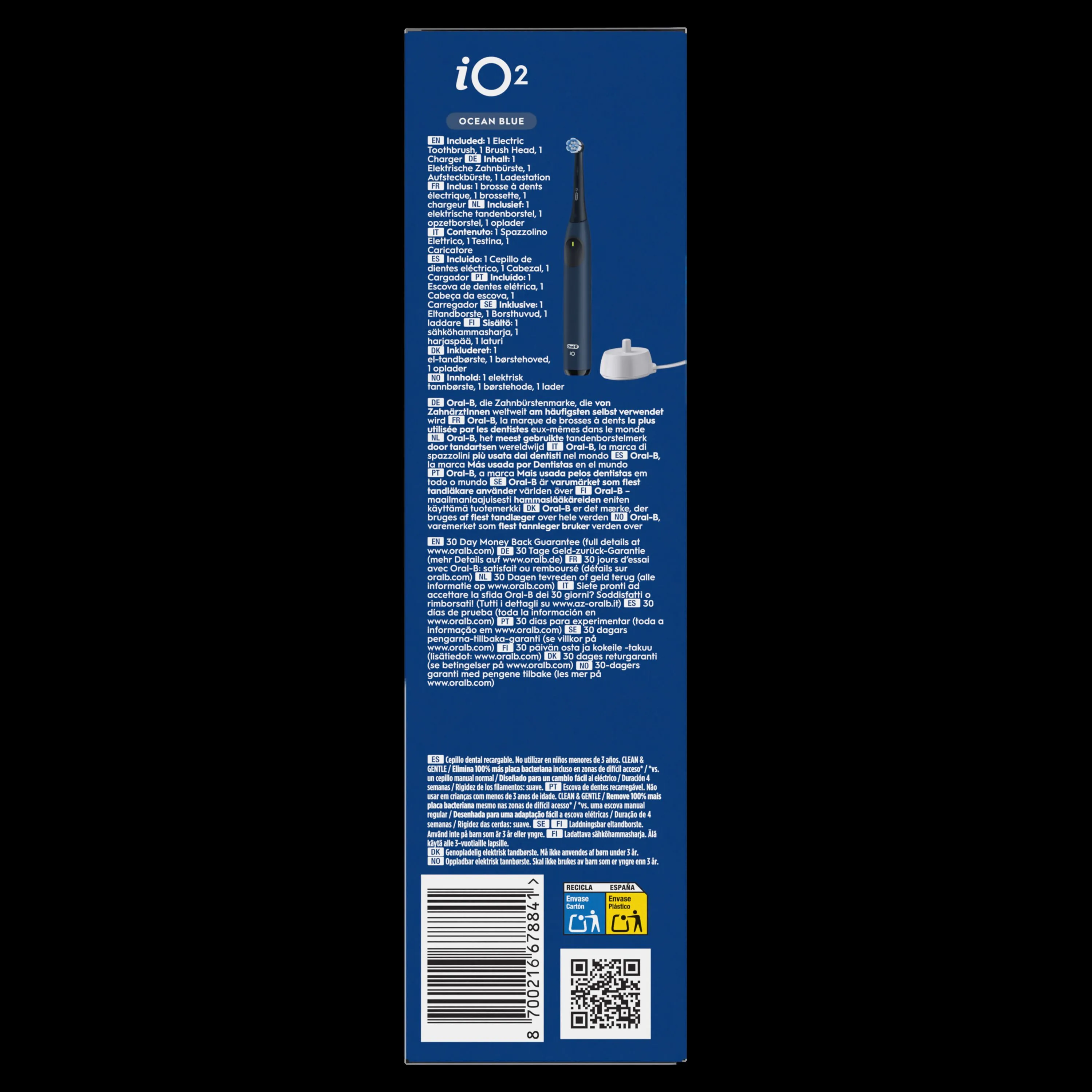Oral-B iO2 Ocean Blue, emballage avec une brosse à dents électrique, une brossette et un chargeur inclus.