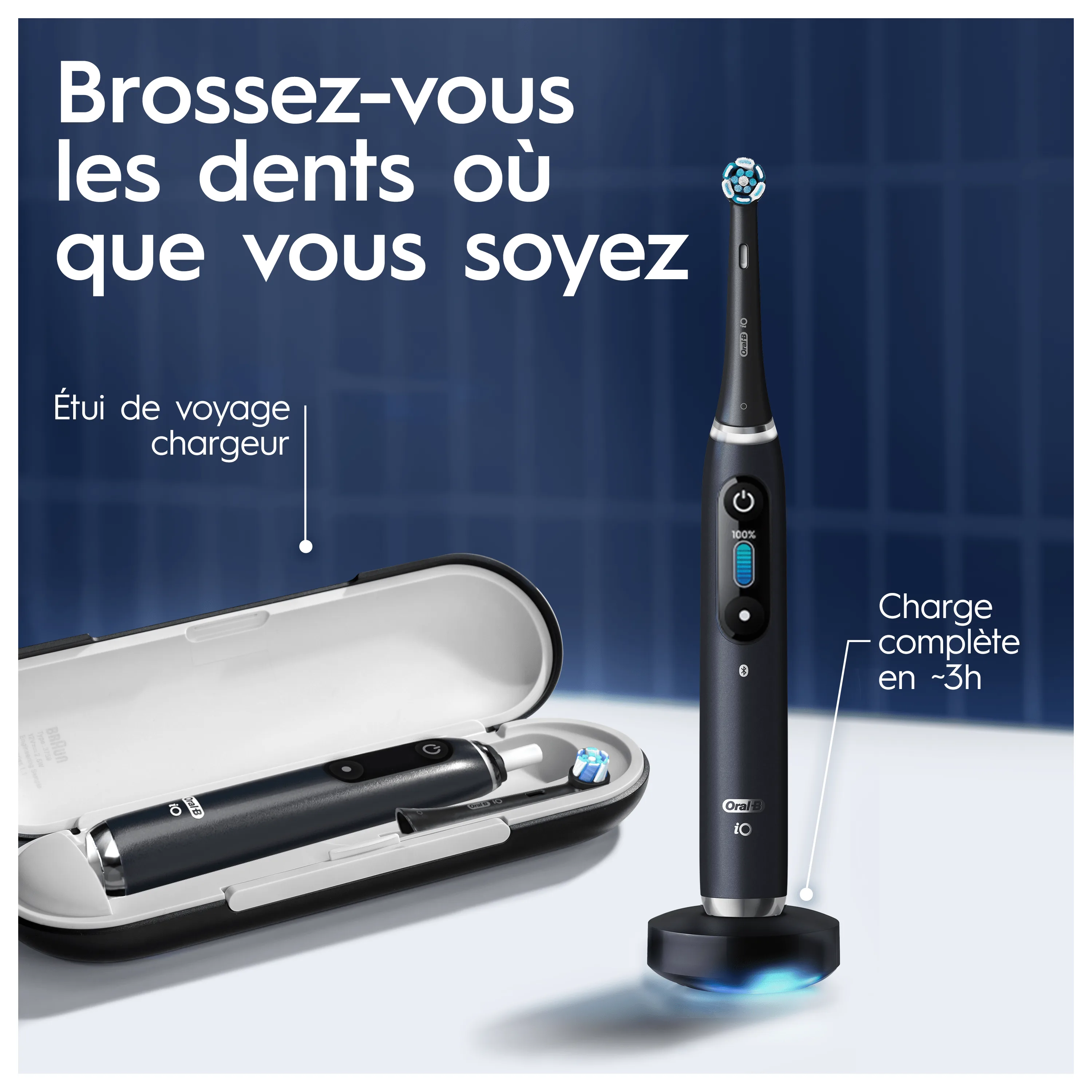 La brosse à dents Oral-B iO peut être emportée partout grâce à son étui de voyage et se recharge complètement en 3 heures.