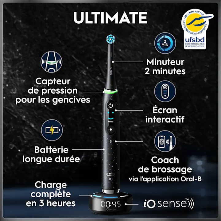 Brosse à dents électrique Oral-B Ultimate avec capteur de pression, minuteur, écran interactif et application de coaching.