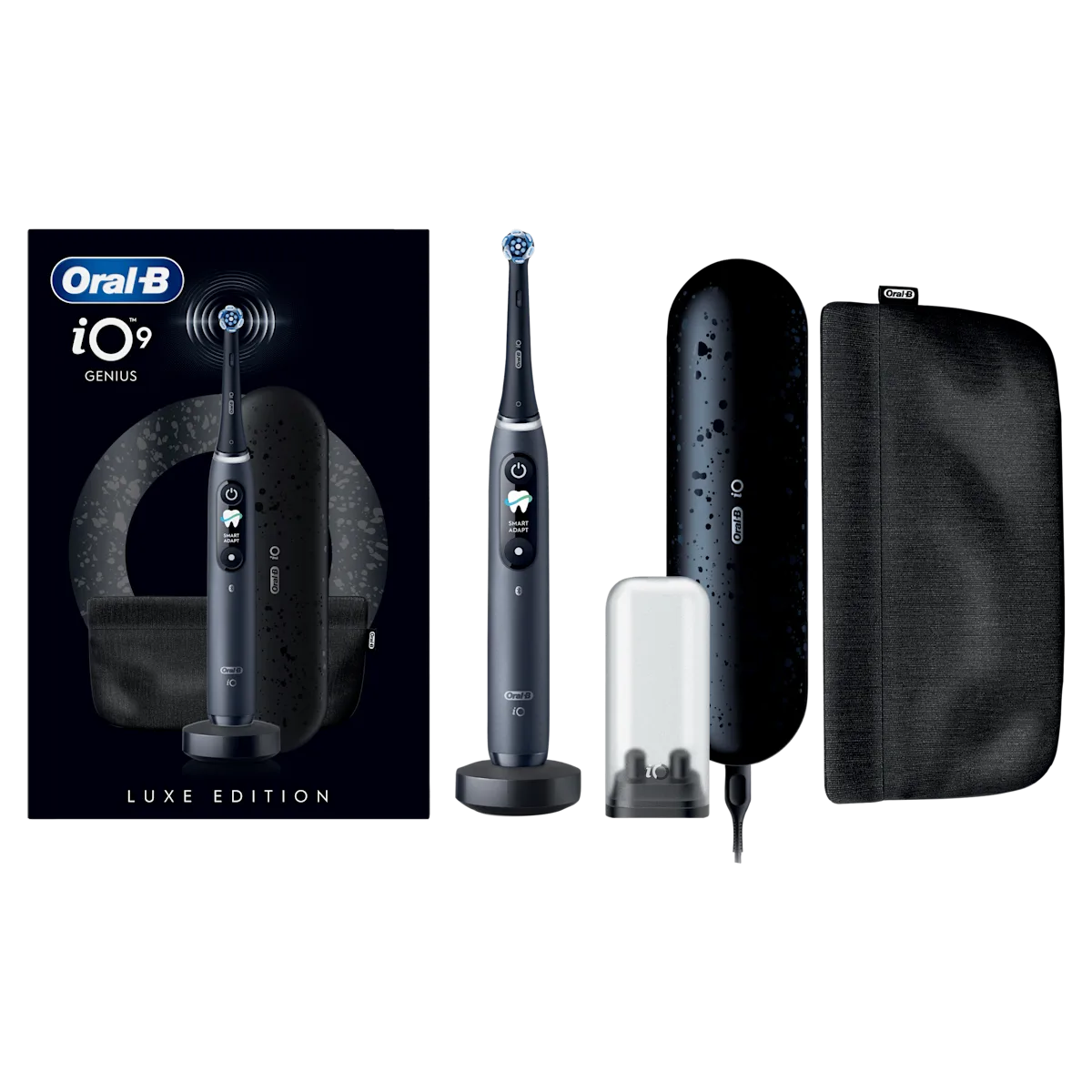 Brosse à dents Oral-B iO9 Genius et son emballage Luxe Edition, avec la brosse, la base de chargement et l étui de voyage.