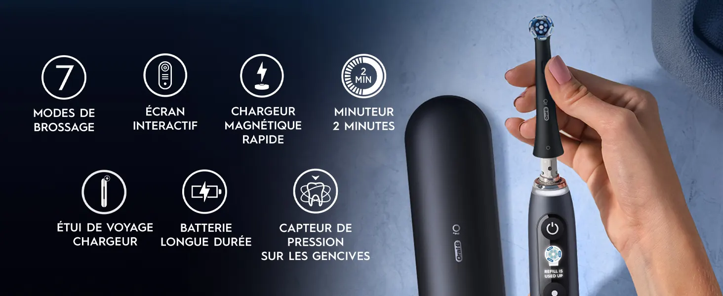 Brosse à dents Oral‑B iO 9 avec fonctions et accessoires illustrés.