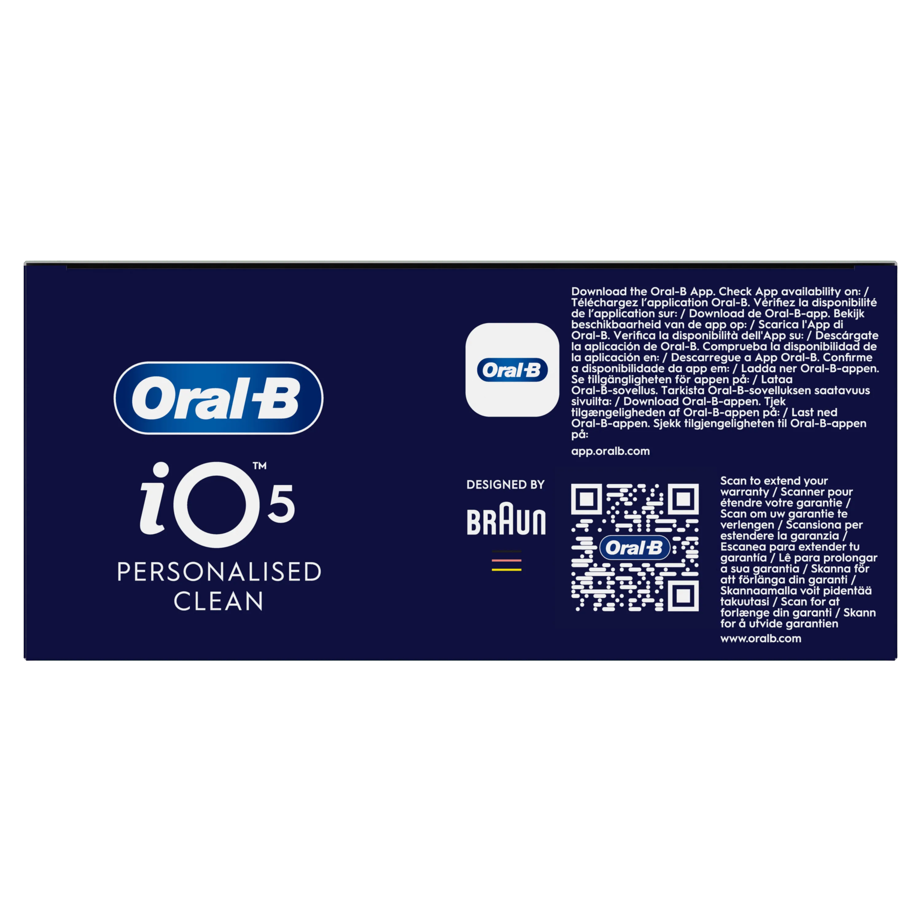 Oral-B iO 5, emballage mettant en avant le brossage personnalisé et la possibilité de scanner pour étendre la garantie.