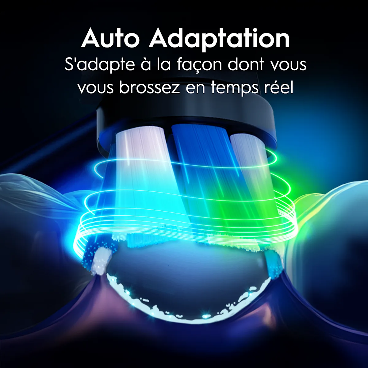 Brins d' iO autour d'une dent, montrant comment la brosse s'adapate la technique de brossage.