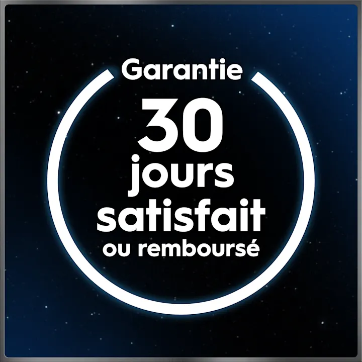 Garantie 30 jours satisfait ou remboursé dans un cercle blanc sur fond bleu nuit étoilé