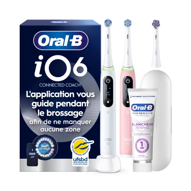 Oral-B iO6 Blanche et Rose Brosses à dents électriques + 3 brossettes + Étui de voyage Premium + Oral-B 3D White Dentifrice Professional 75 ml