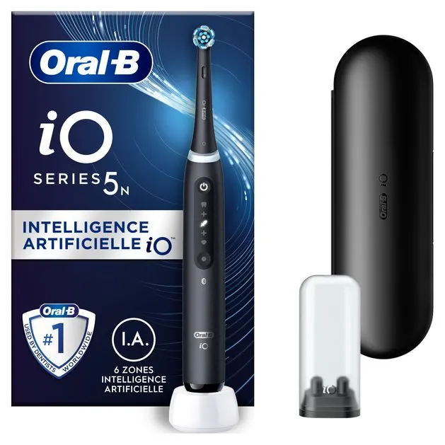 Brosse À Dents Électrique Oral-B iO5 Noire, 1 brossette, Étui De Voyage Premium, Porte-brossettes