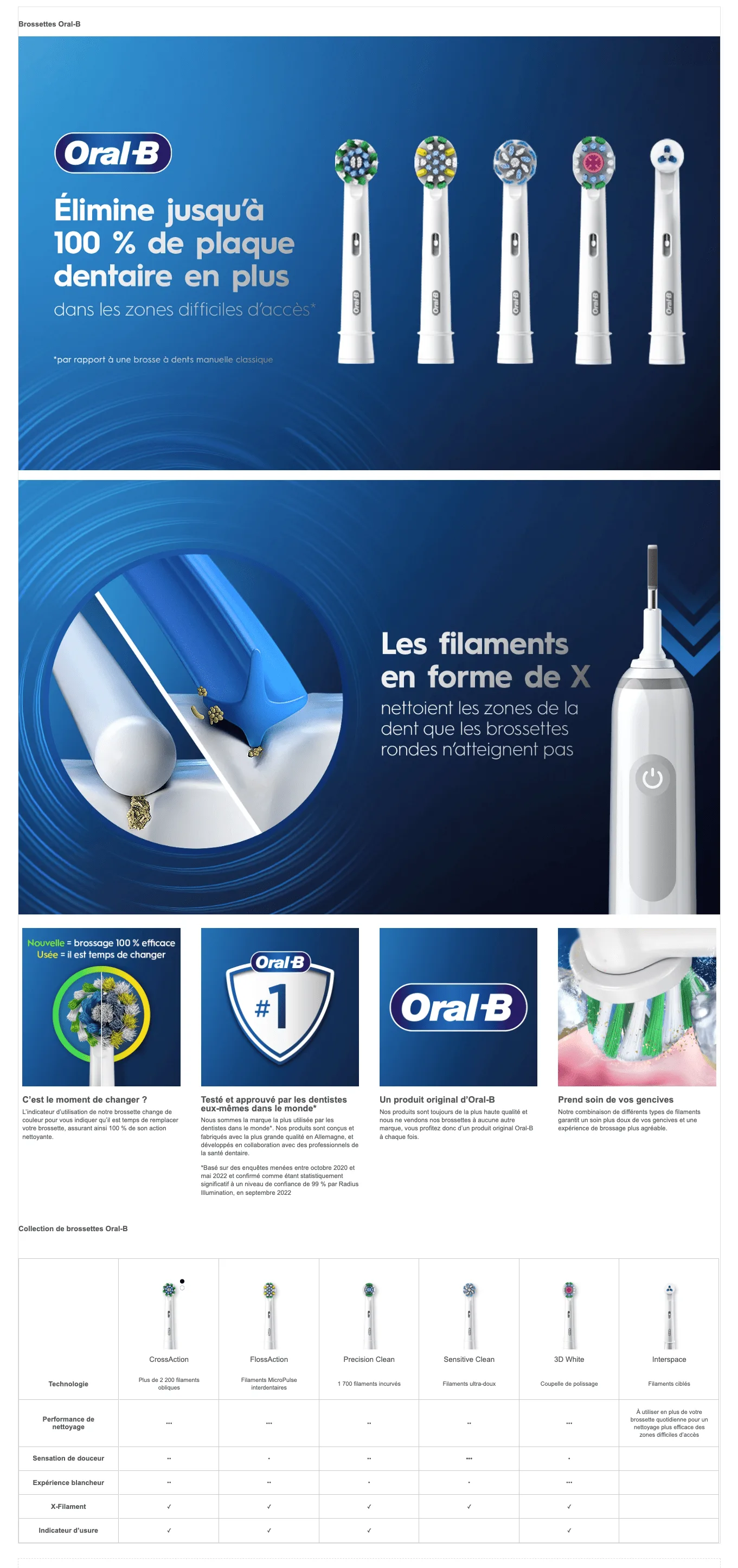 Collection de brossettes de rechange Oral‑B et illustration des filaments en X pour un nettoyage ciblé 