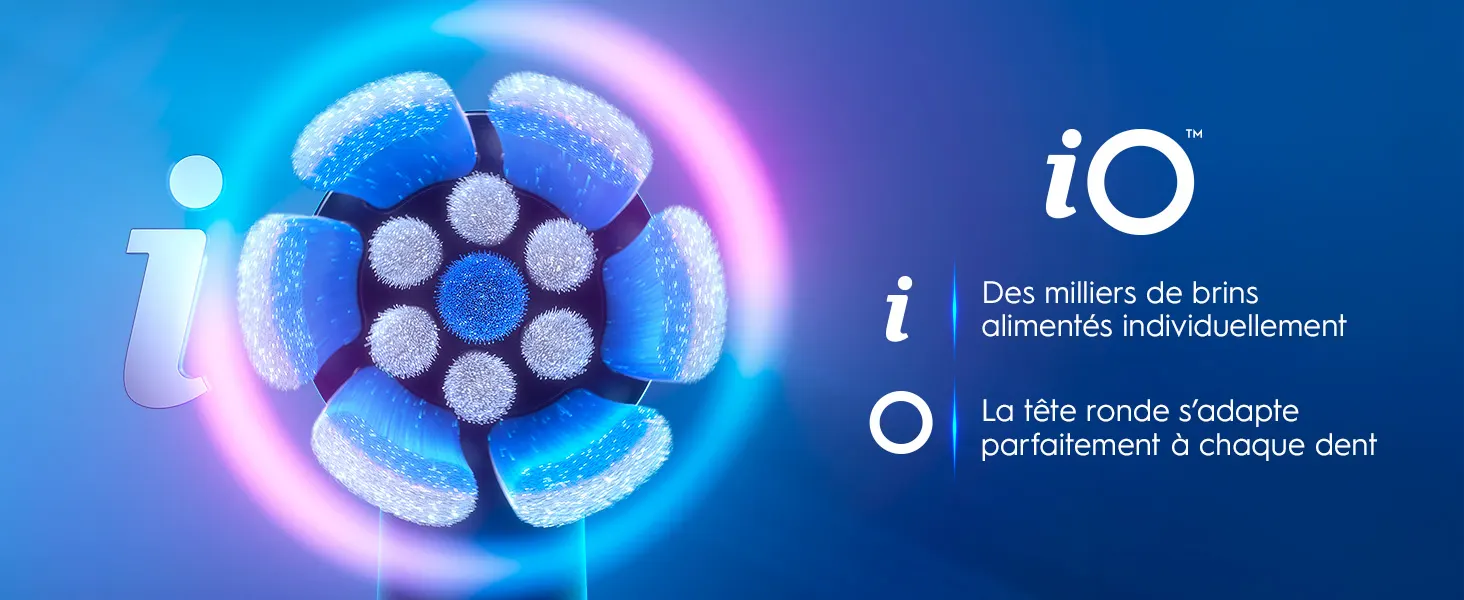 Tête de brosse à dents iO circulaire avec brins bleus, conçue pour s'adapter à chaque dent. 
