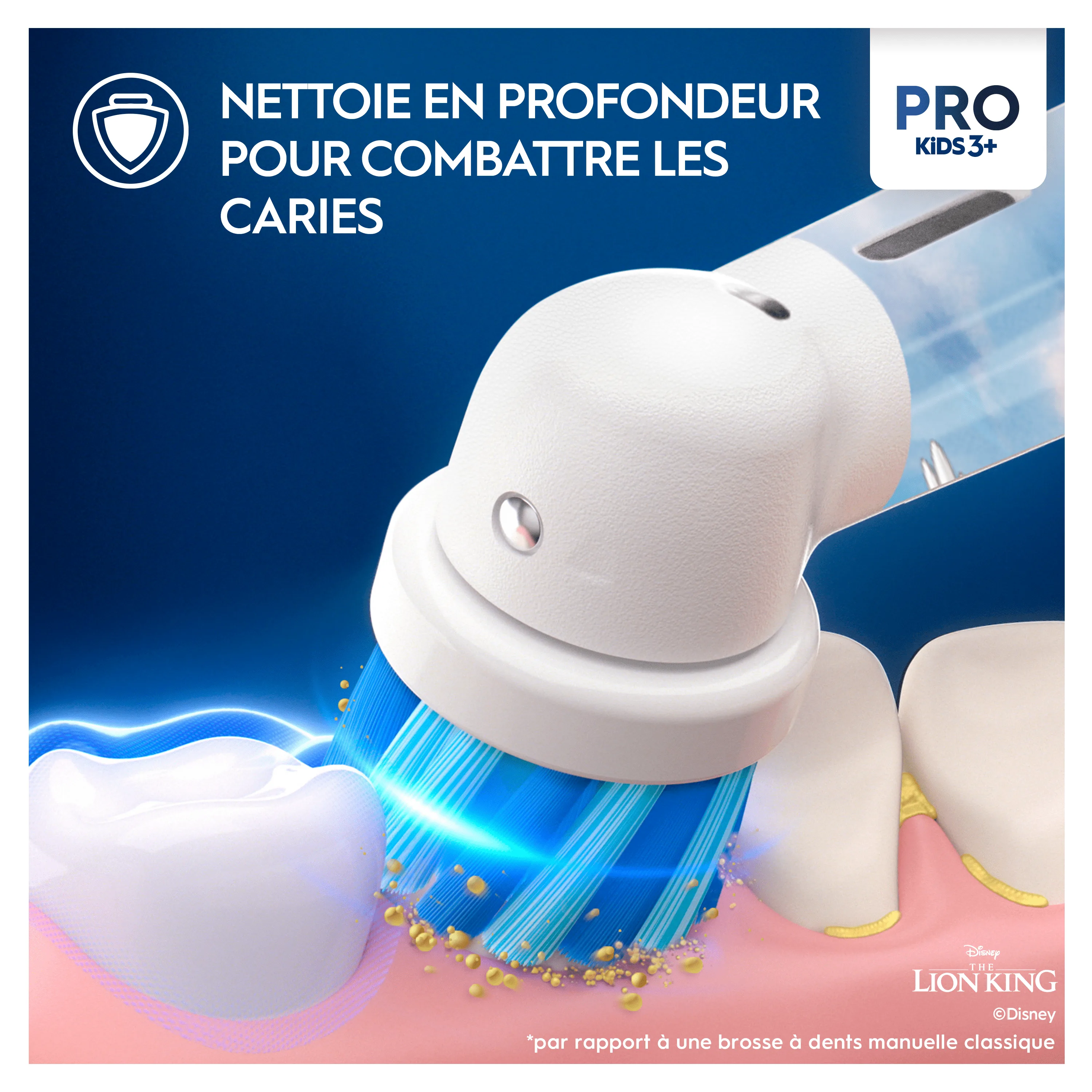 La brosse à dents Oral-B Pro Kids 3+ nettoie en profondeur pour combattre les caries, comparé à une brosse à dents manuelle classique.