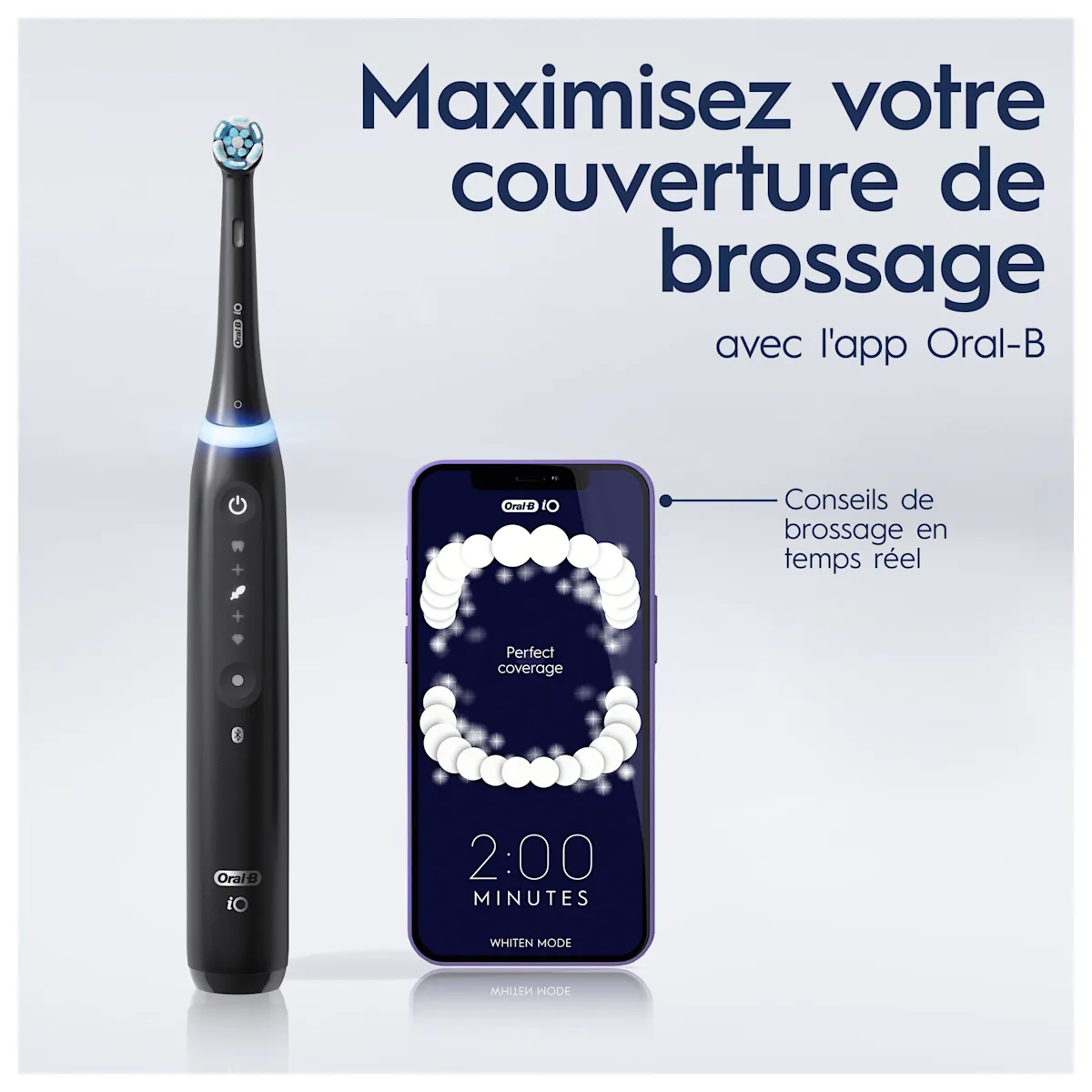 L'application Oral-B offre des conseils de brossage en temps réel pour une couverture parfaite, comme illustré sur un smartphone.