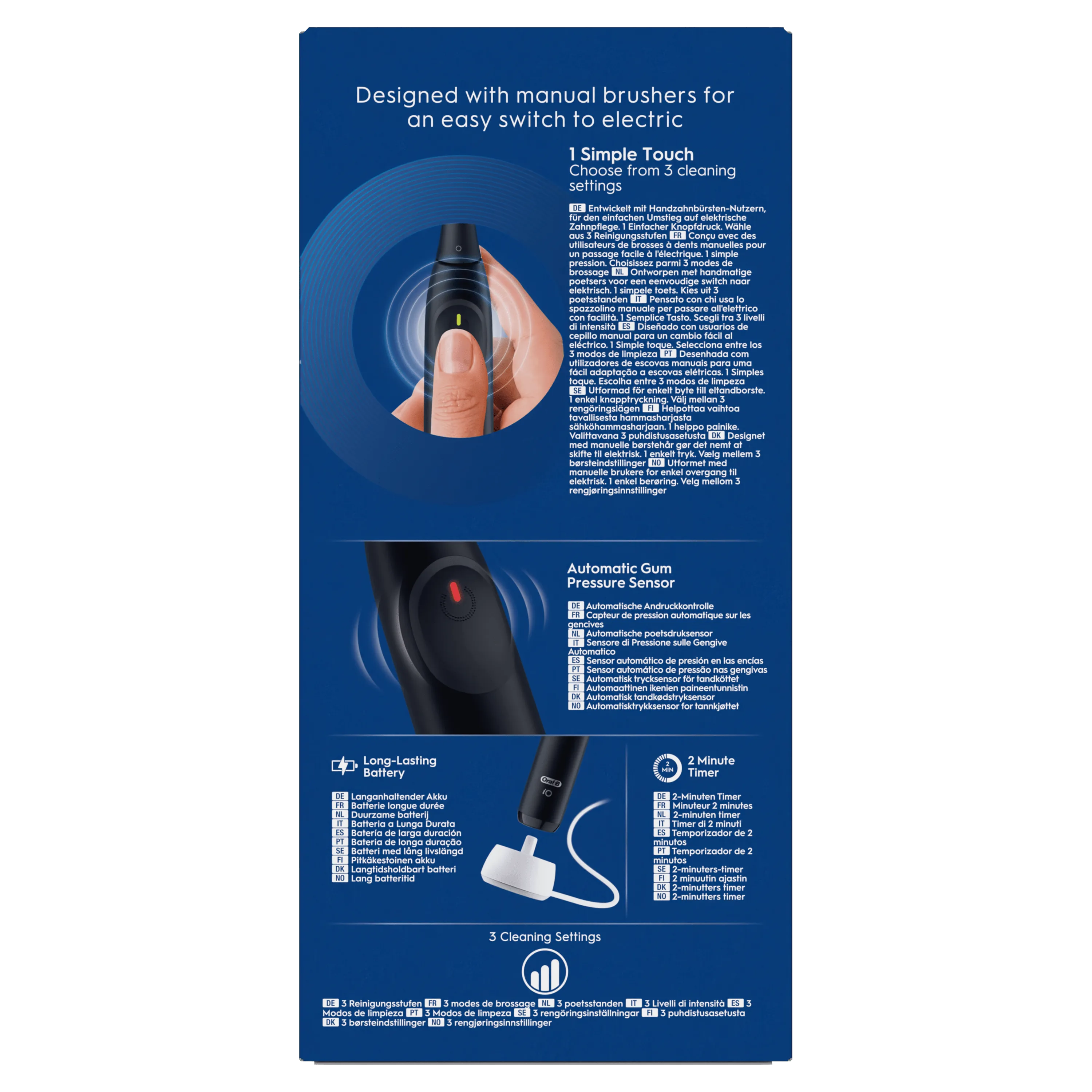Oral-B brosse à dents électrique, mettant en avant le 1 Simple Touch pour choisir parmi 3 modes de bossage.