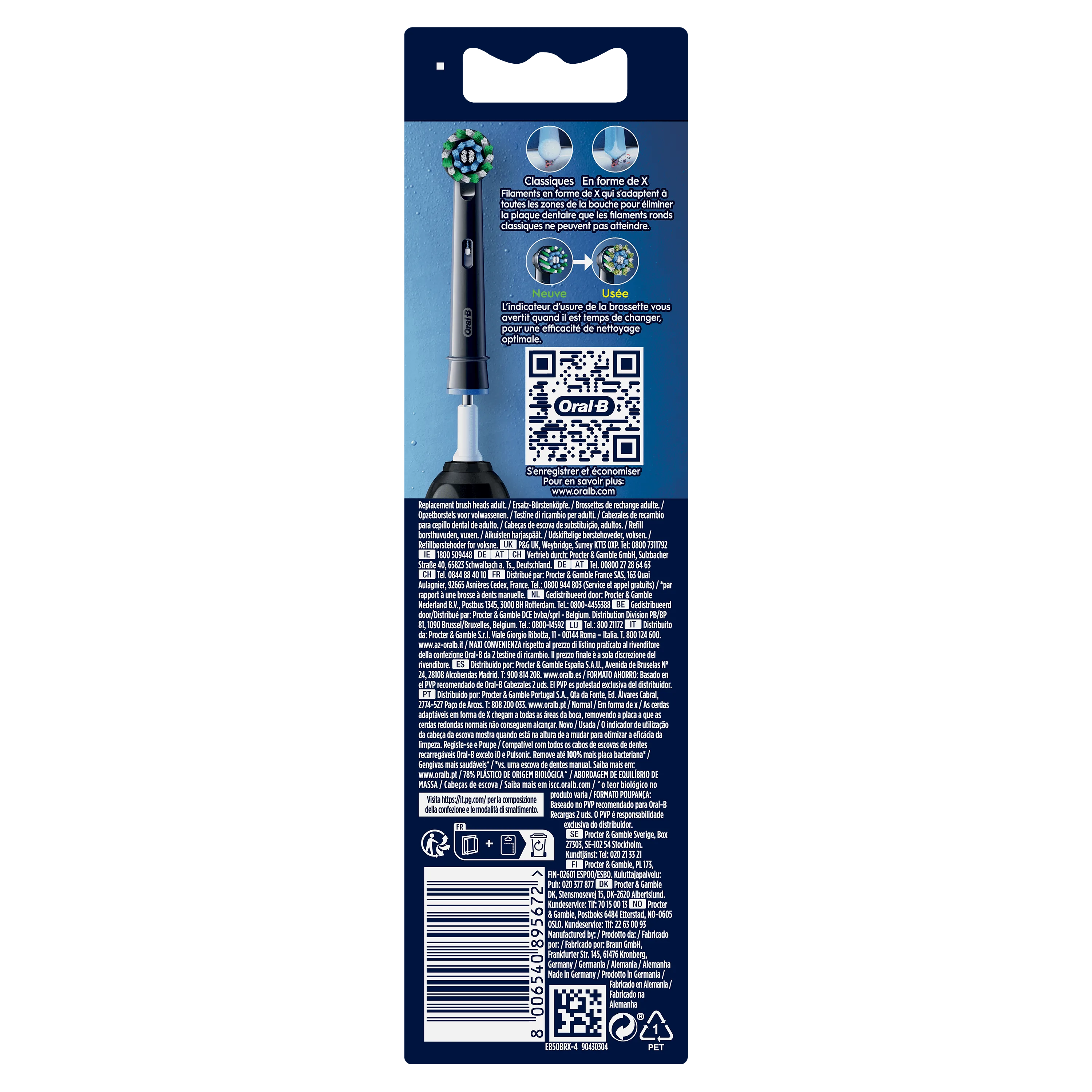 Oral-B brossettes de rechange adulte, l'emballage met en avant l'indicateur d'usure qui avertit quand il est temps de changer.