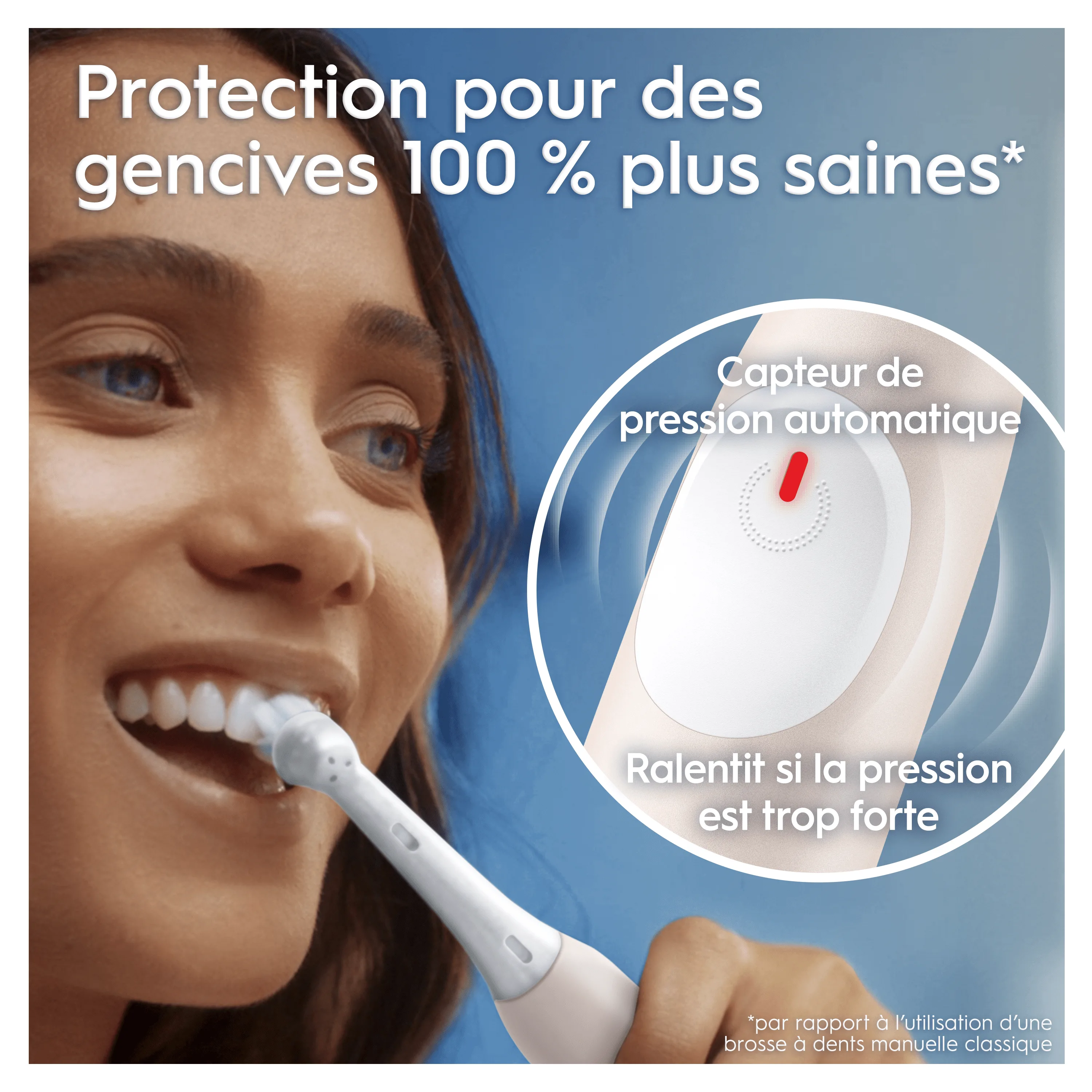 Oral-B : Une femme se brosse les dents, mettant en évidence le capteur de pression automatique qui ralentit si la pression est trop forte.