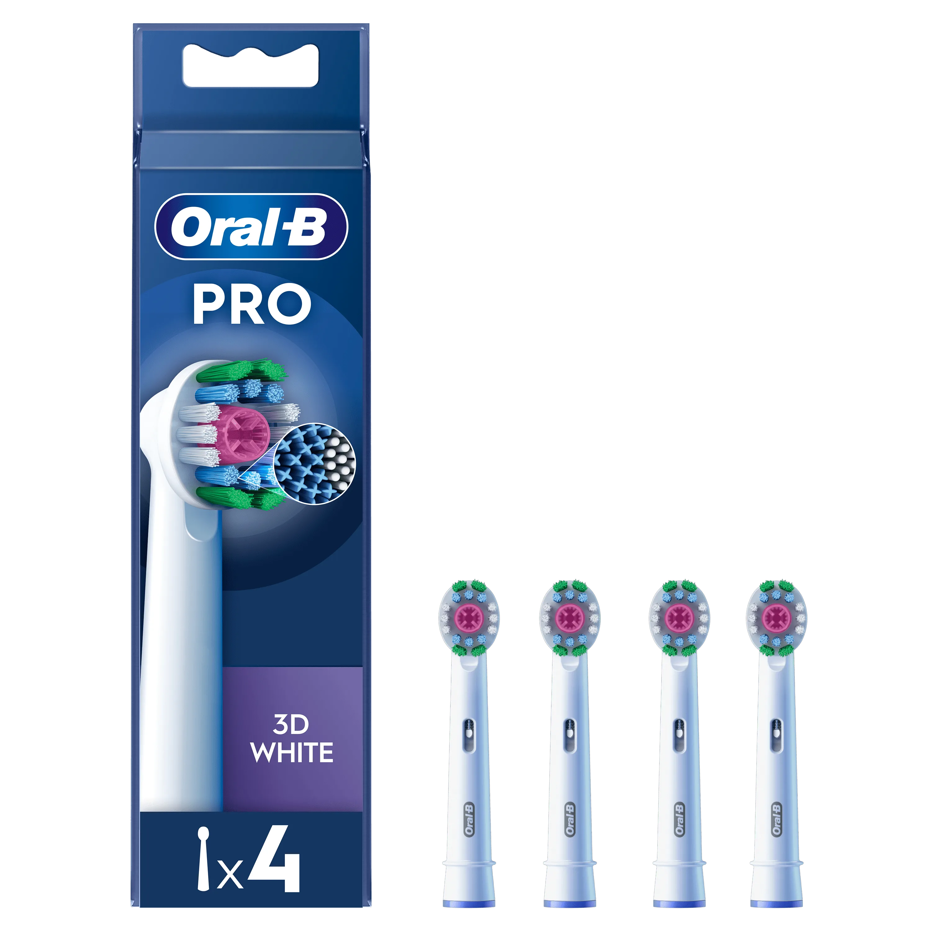 Oral-B PRO, lot de 4 brossettes, avec la mention "3D White" sur l'emballage.