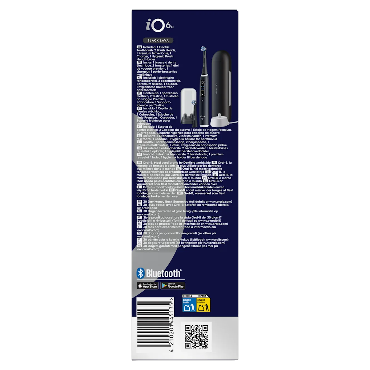 Oral-B iO 6N Black Lava, incluant une brosse à dents électrique, 2 brossettes, un étui de voyage et un chargeur.