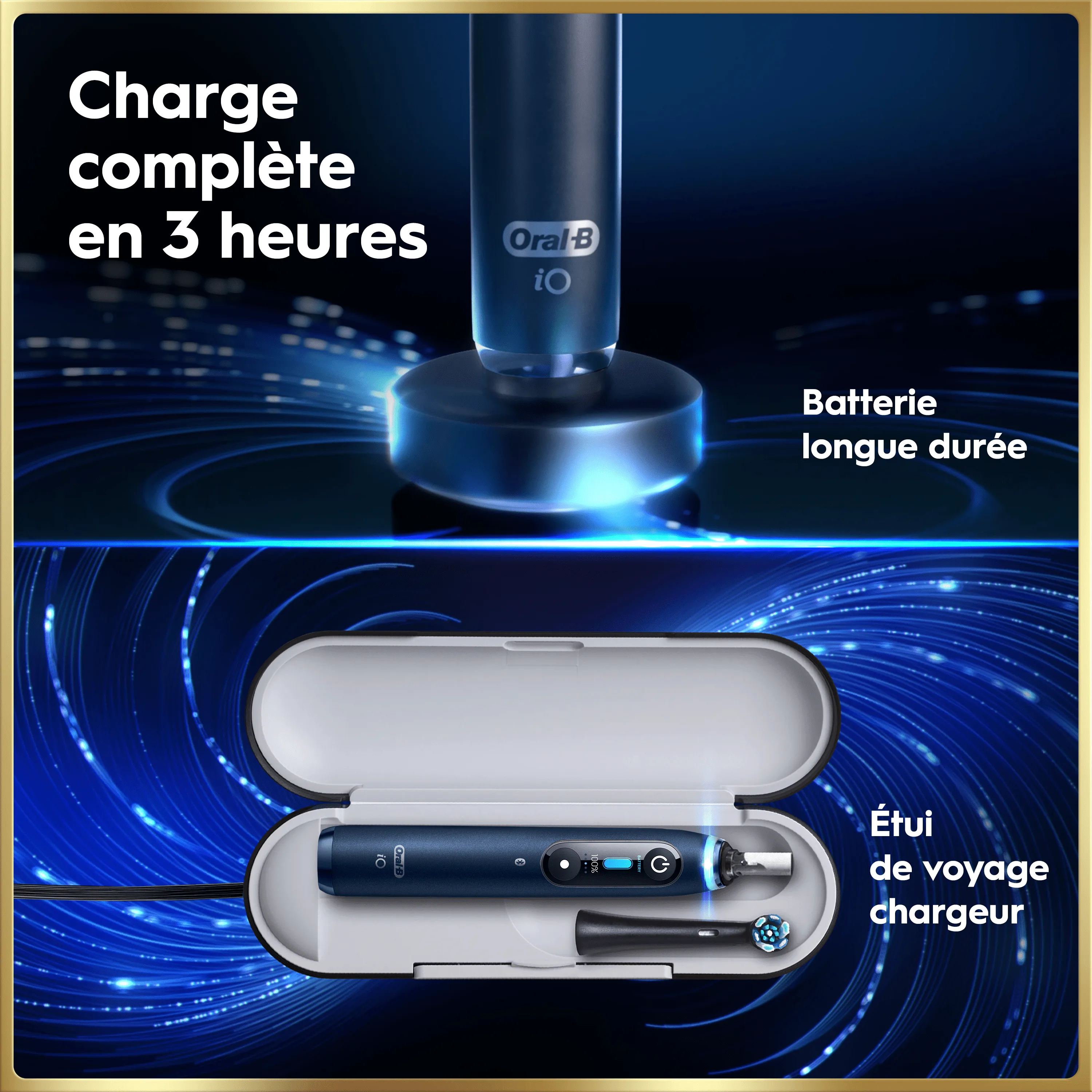 Oral-B iO brosse à dents: charge complète en 3h et étui de voyage chargeur.