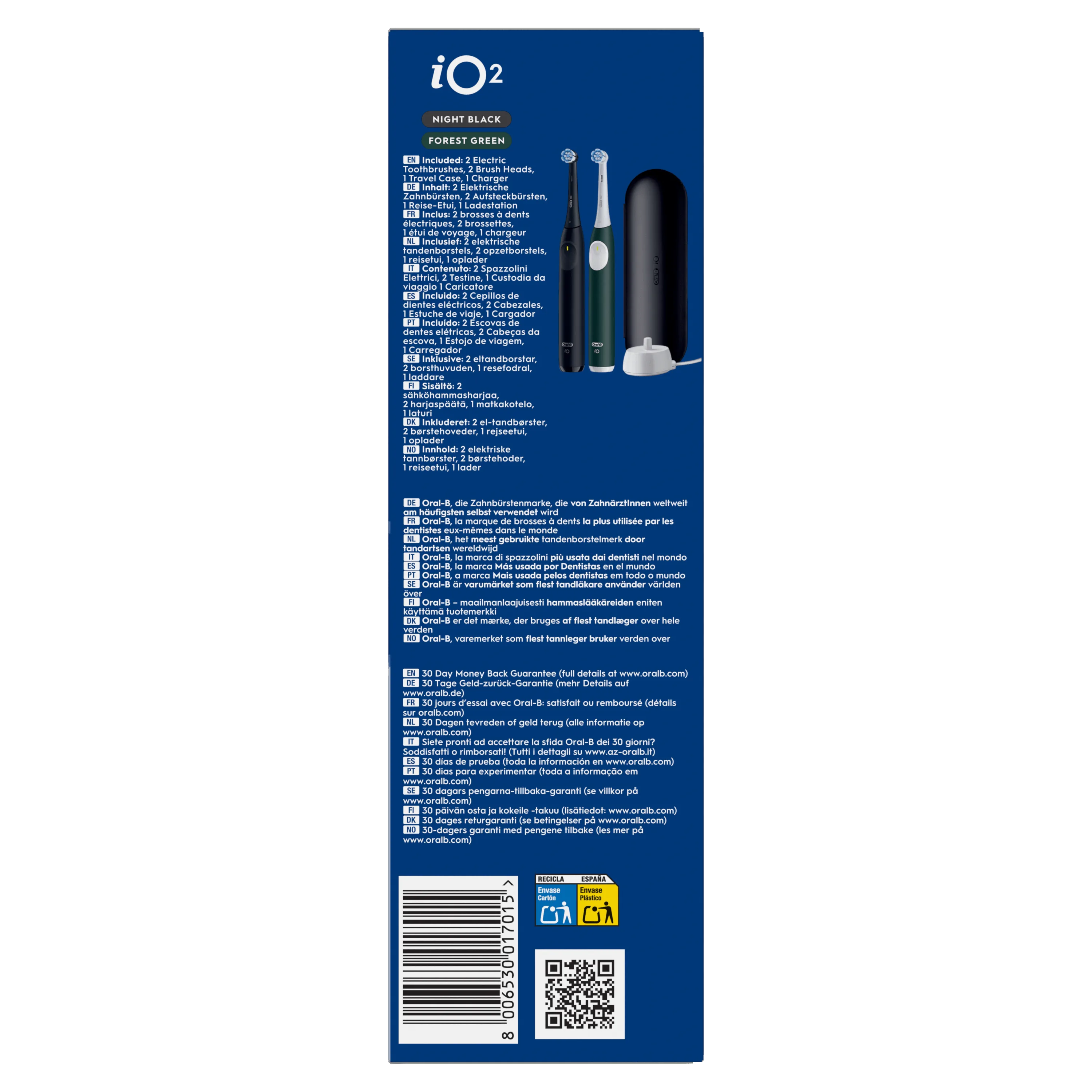 Oral-B iO2 Night Black Forest Green avec 2 brosses à dents électriques, 2 brossettes, un étui de voyage et un chargeur inclus.