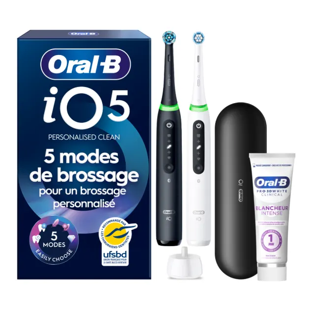 Oral-B iO5 Noire et Blanche Brosses à dents électriques + 2 brossettes + Étui de voyage Premium + Oral-B 3D White Dentifrice Professional 75 ml