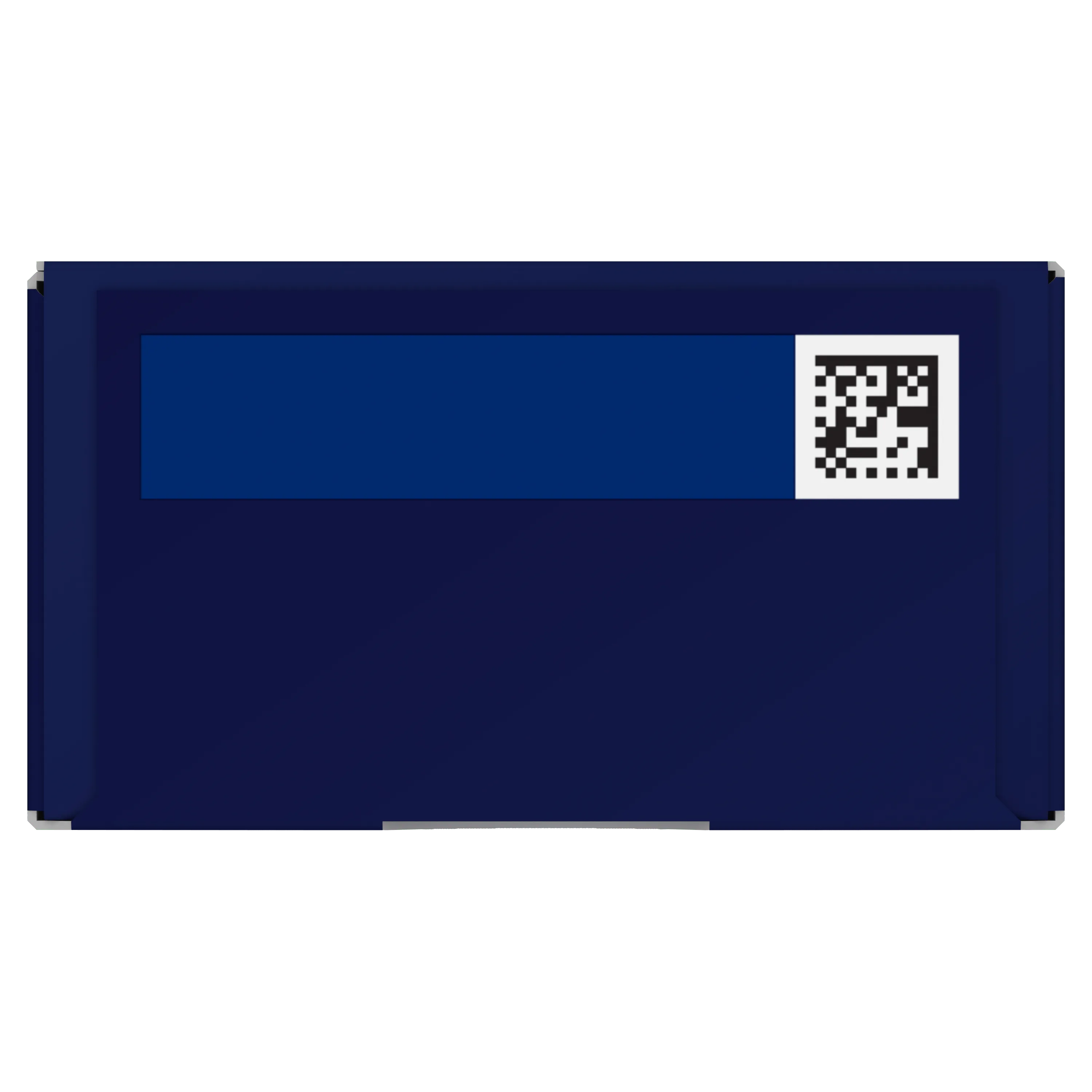 Boîte de produit bleue avec un encadré bleu foncé et un code QR.